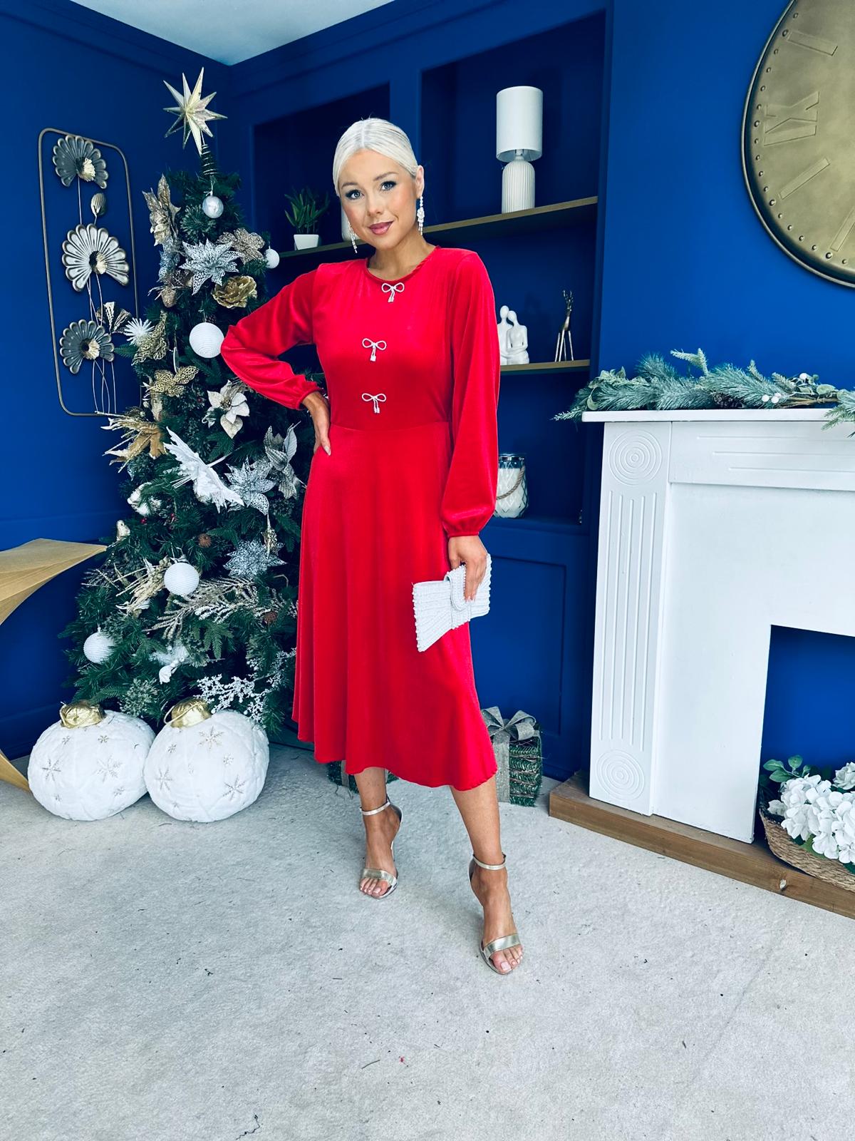 Caroline Bow Detail Velvet Midi Dress Red