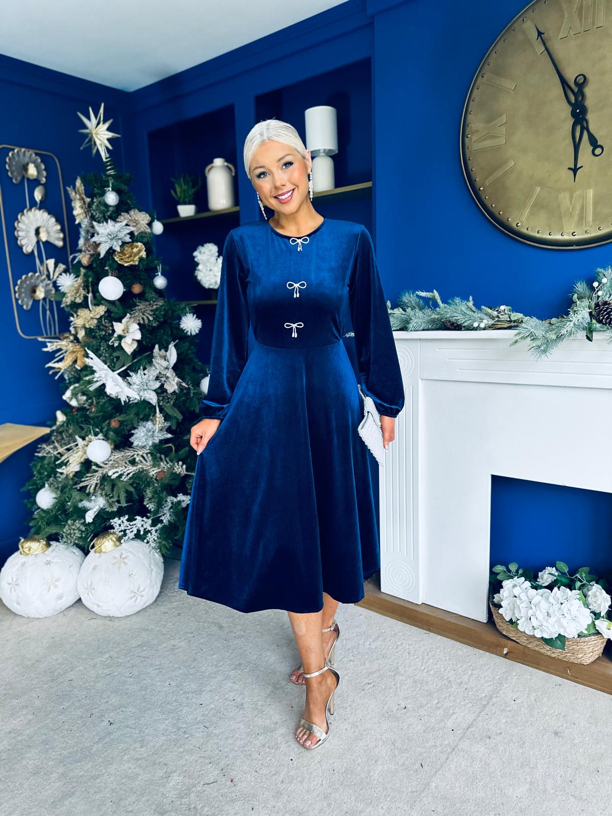 Caroline Bow Detail Velvet Midi Dress Navy