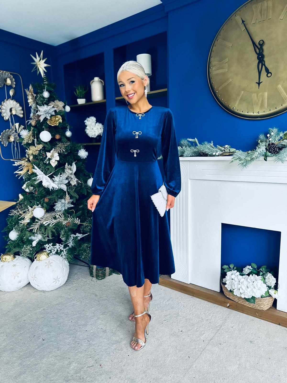 Caroline Bow Detail Velvet Midi Dress Navy