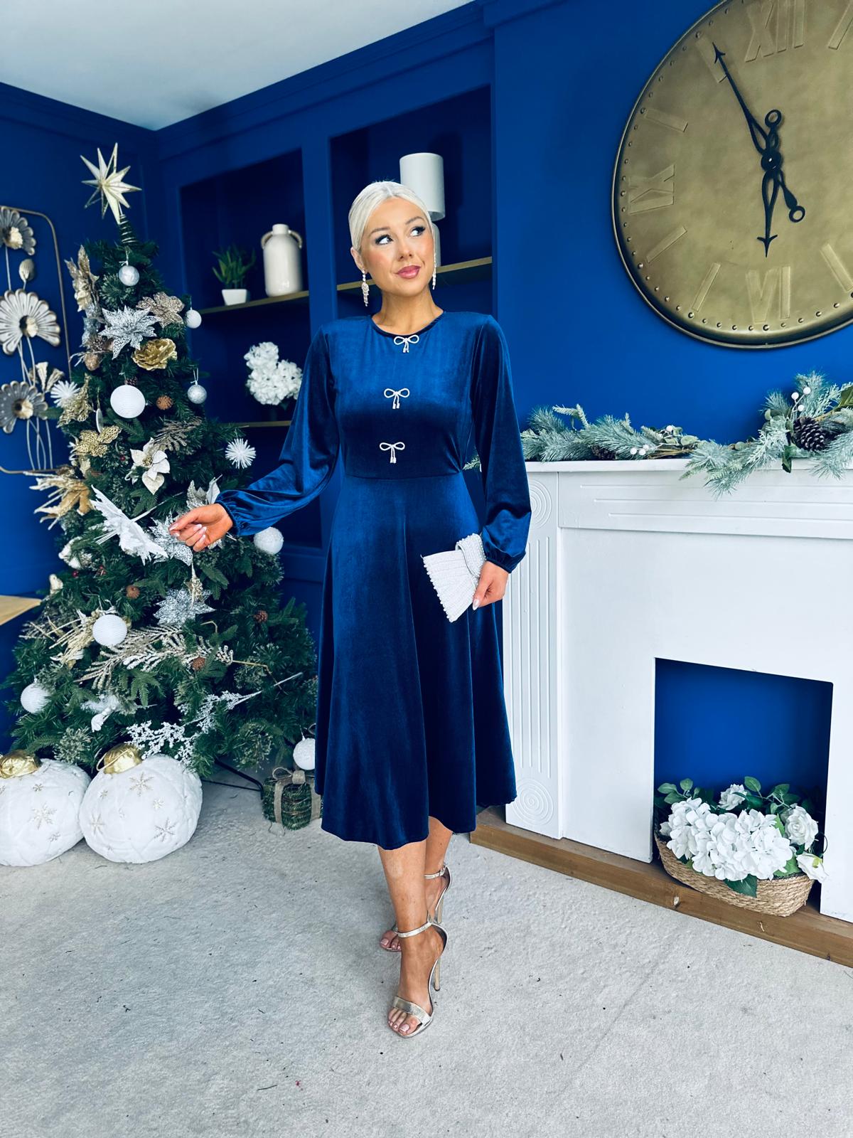 Caroline Bow Detail Velvet Midi Dress Navy