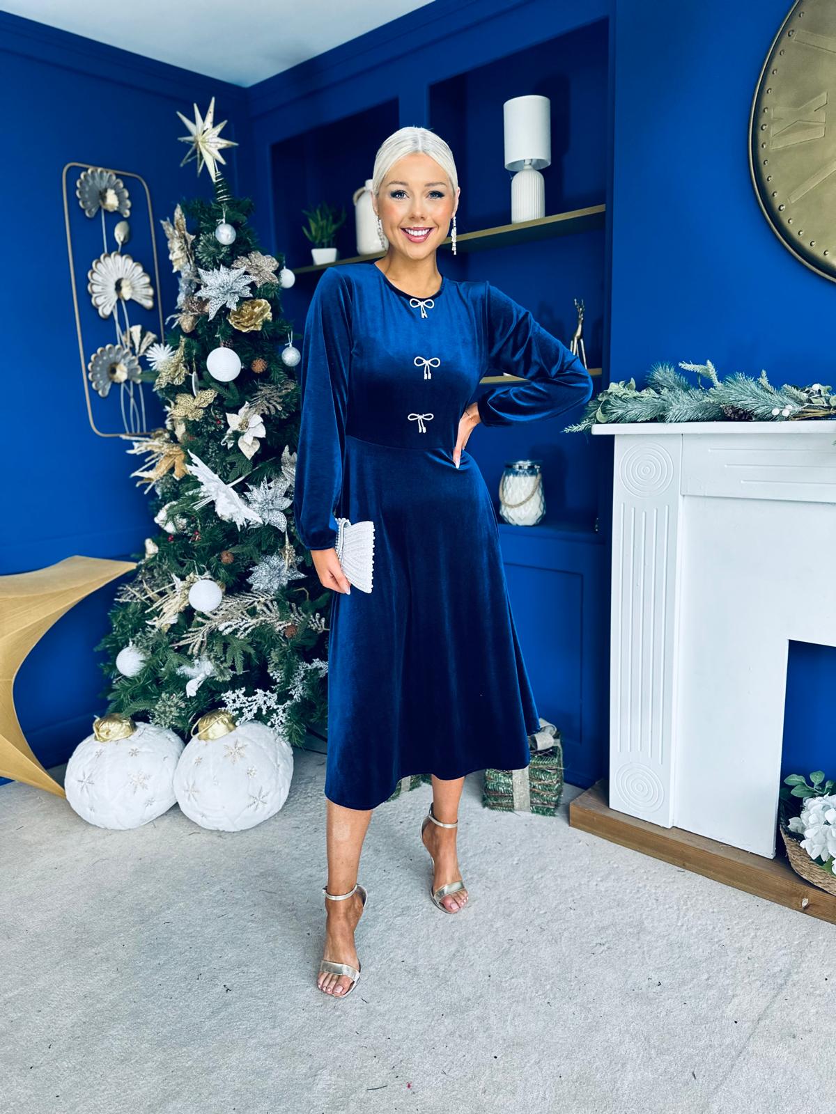 Caroline Bow Detail Velvet Midi Dress Navy