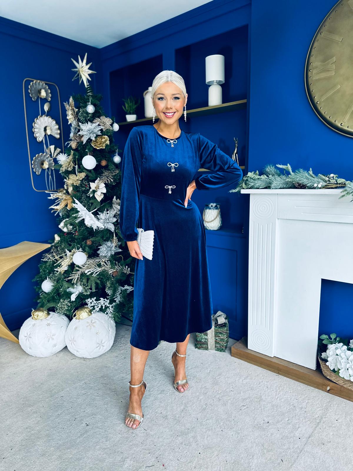 Caroline Bow Detail Velvet Midi Dress Navy