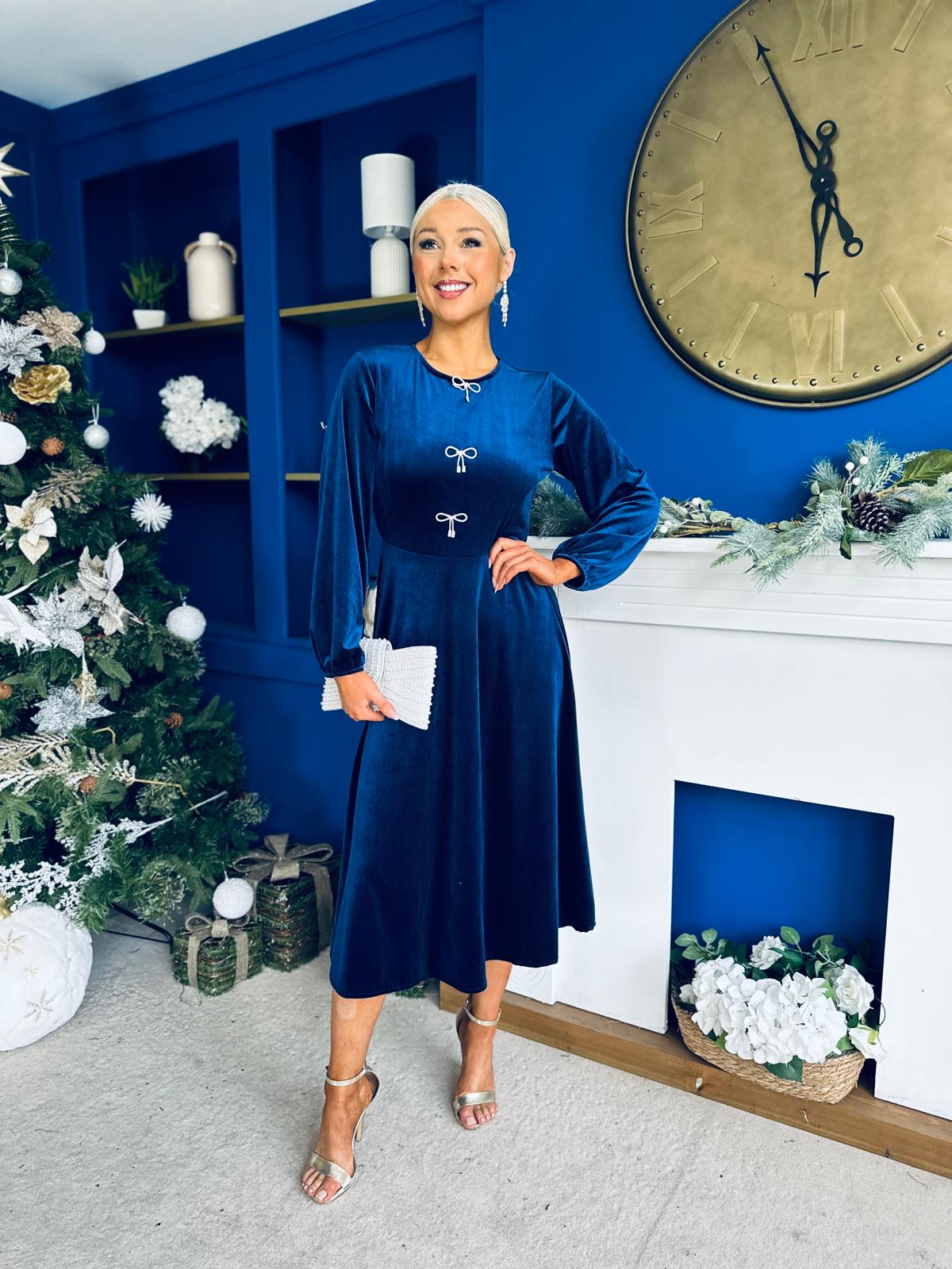 Caroline Bow Detail Velvet Midi Dress Navy