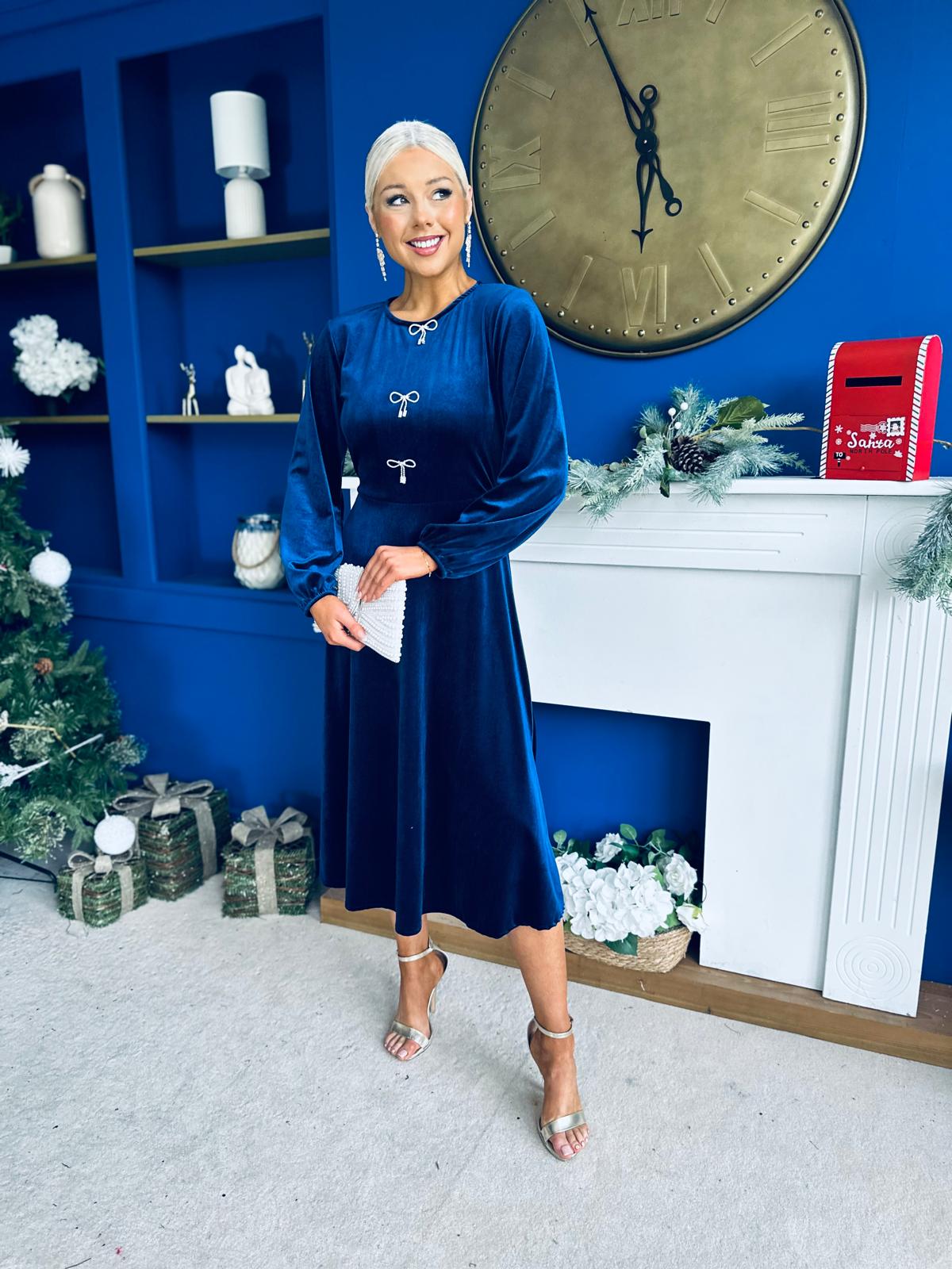 Caroline Bow Detail Velvet Midi Dress Navy