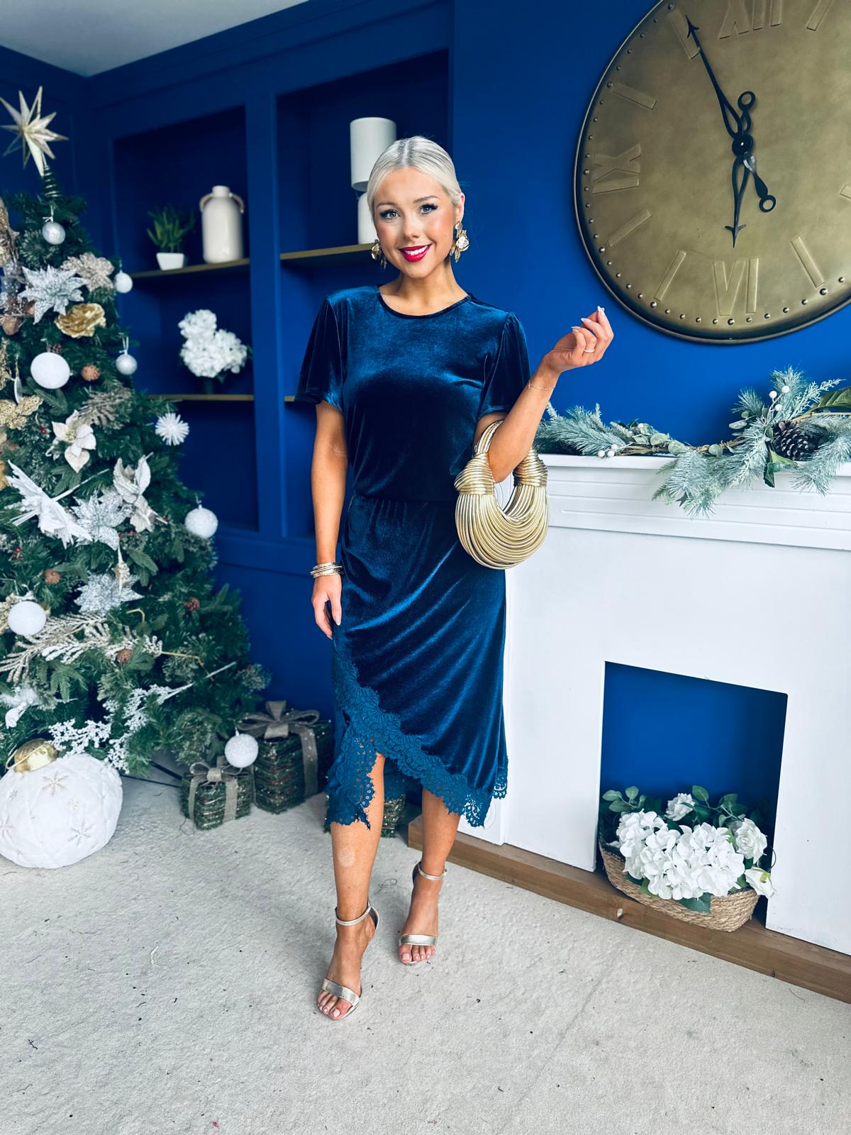 Evie Velvet Top & Skirt Set Navy