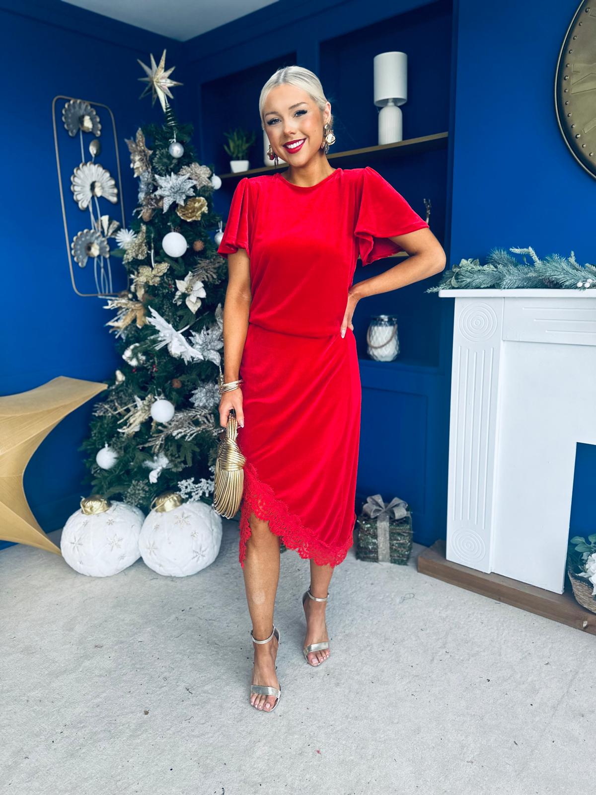 Evie Velvet Top & Skirt Set Red