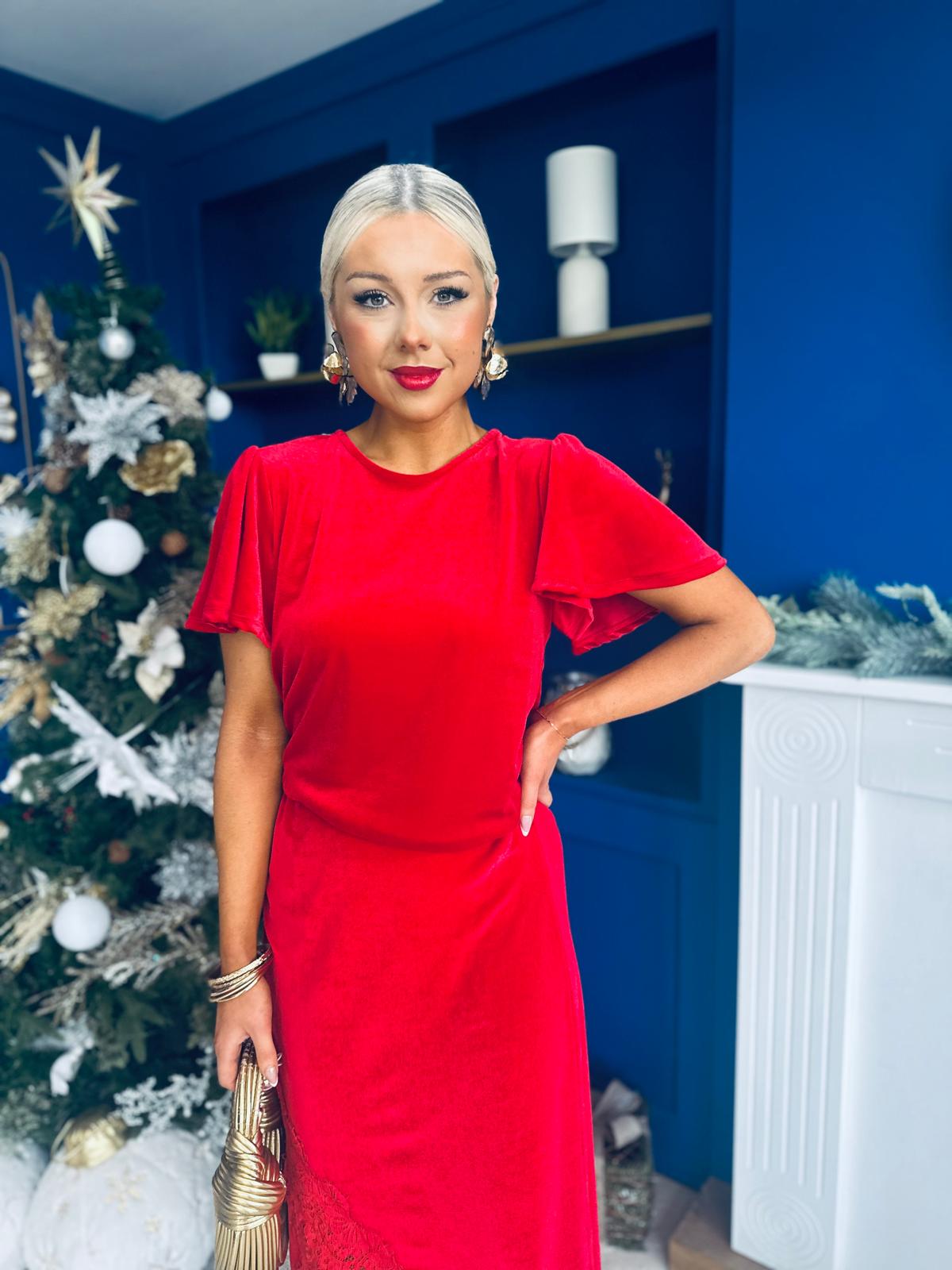 Evie Velvet Top & Skirt Set Red