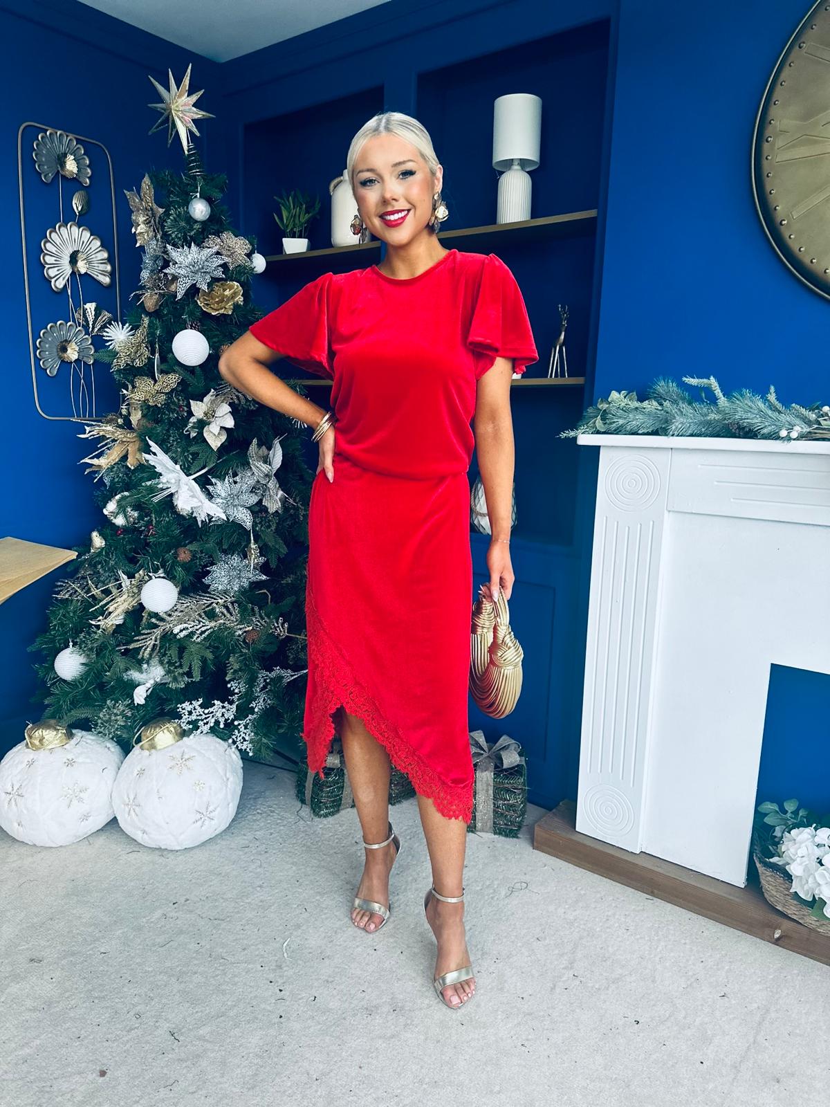 Evie Velvet Top & Skirt Set Red