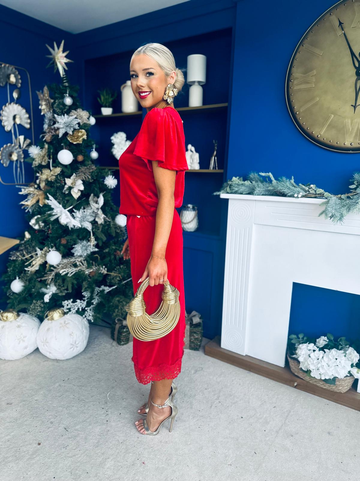 Evie Velvet Top & Skirt Set Red