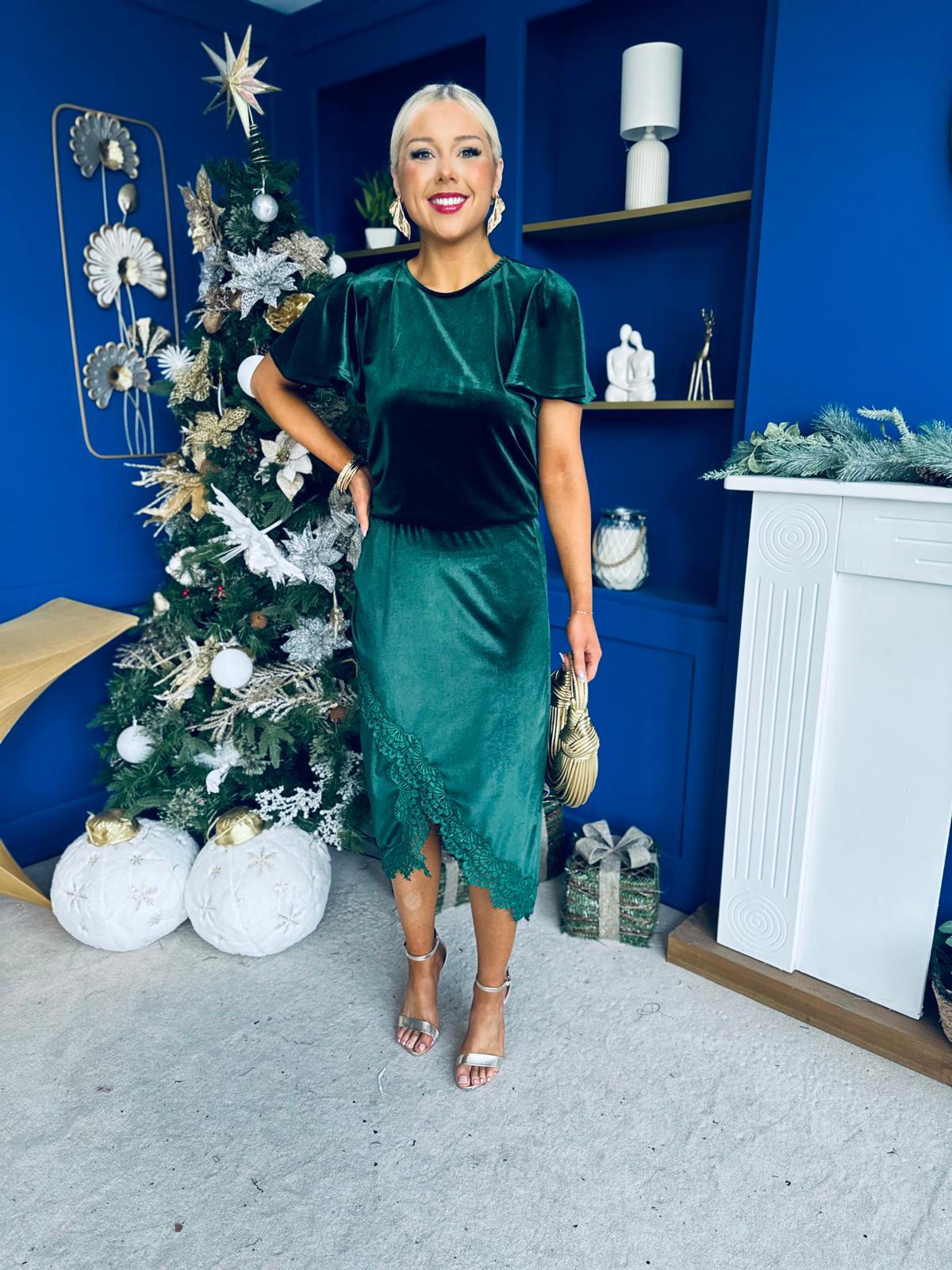 Evie Velvet Top & Skirt Set Forest