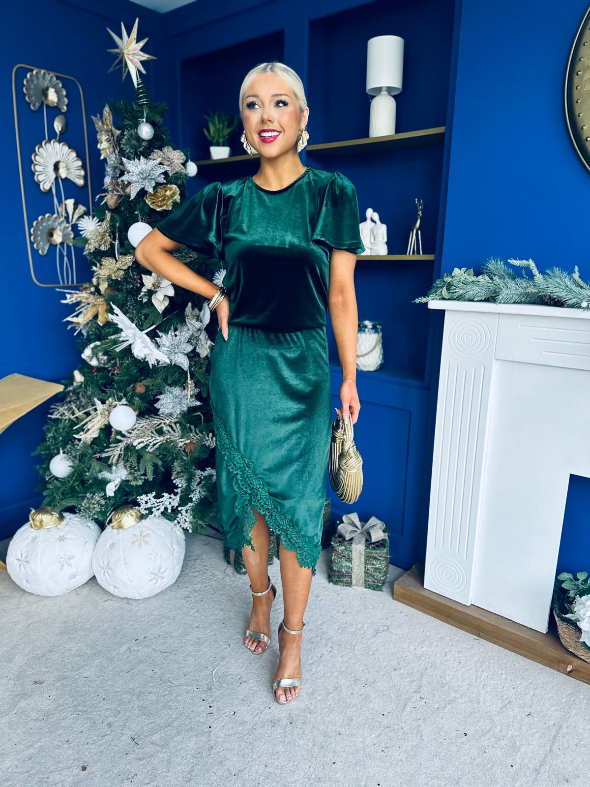 Evie Velvet Top & Skirt Set Forest