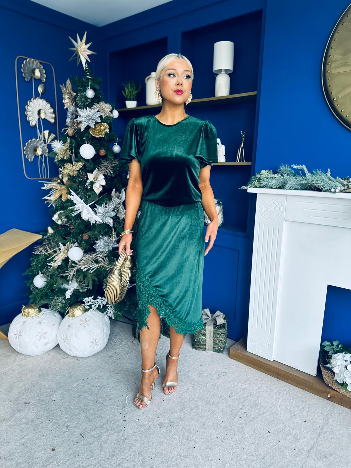 Evie Velvet Top & Skirt Set Forest