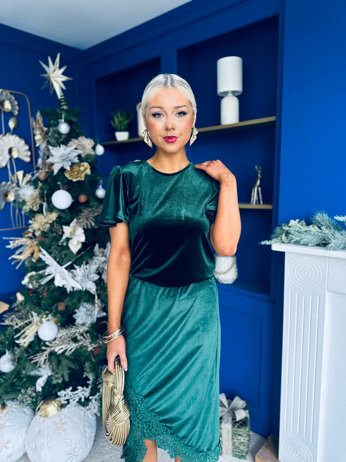 Evie Velvet Top & Skirt Set Forest