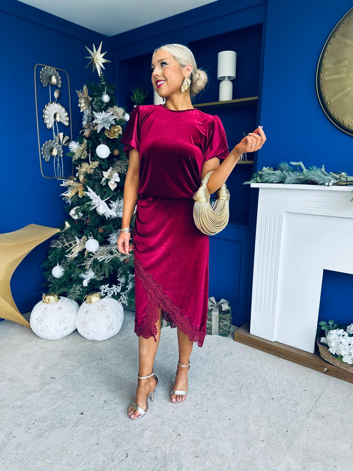 Evie Velvet Top & Skirt Set Wine