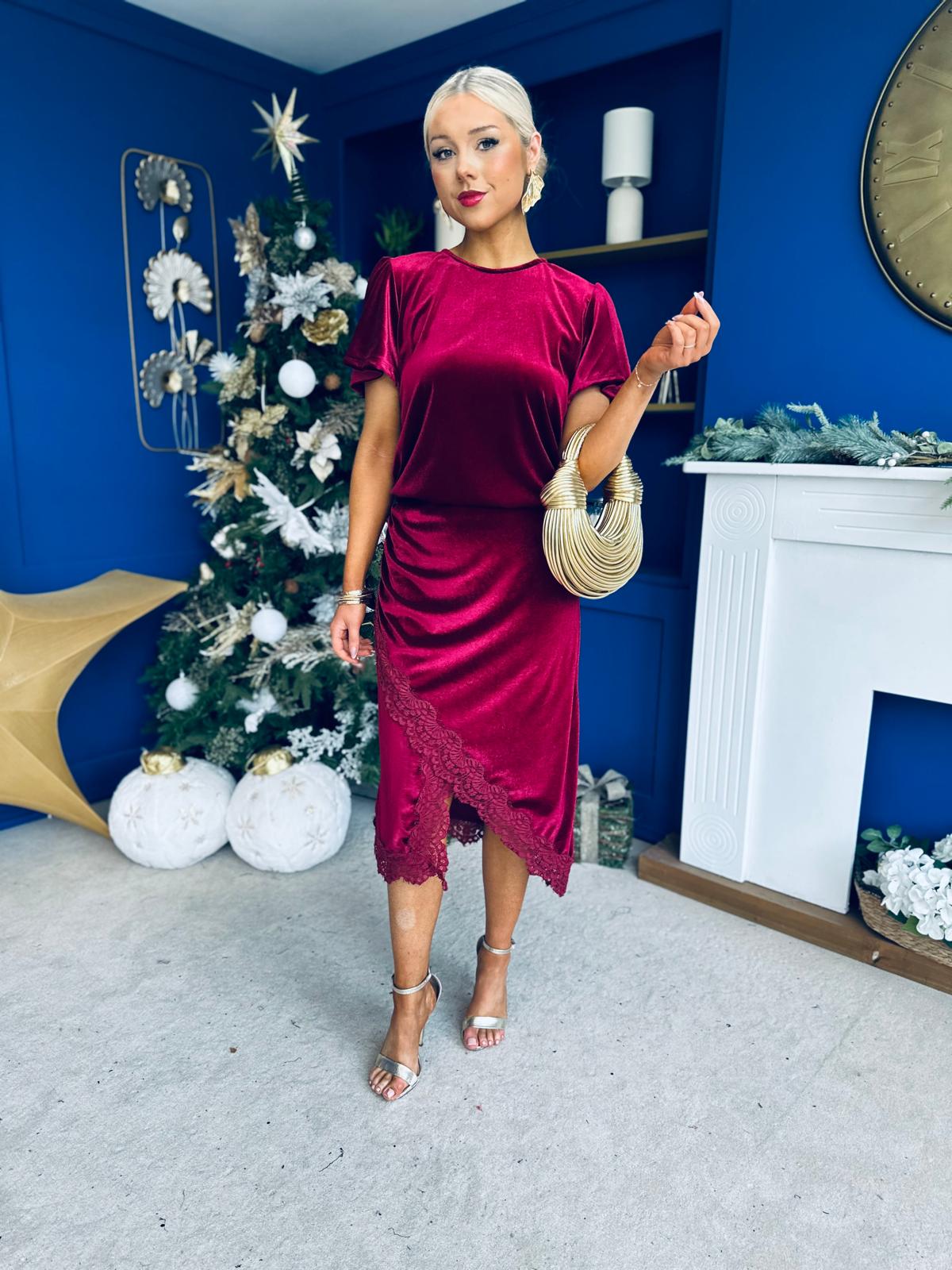 Evie Velvet Top & Skirt Set Wine