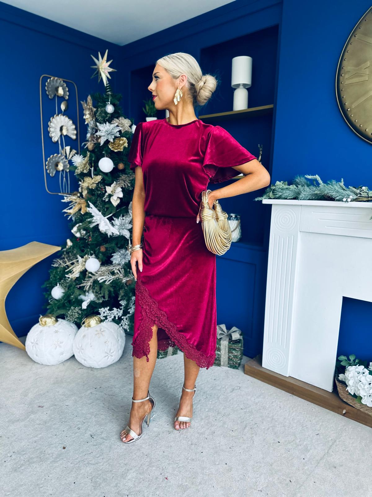 Evie Velvet Top & Skirt Set Wine