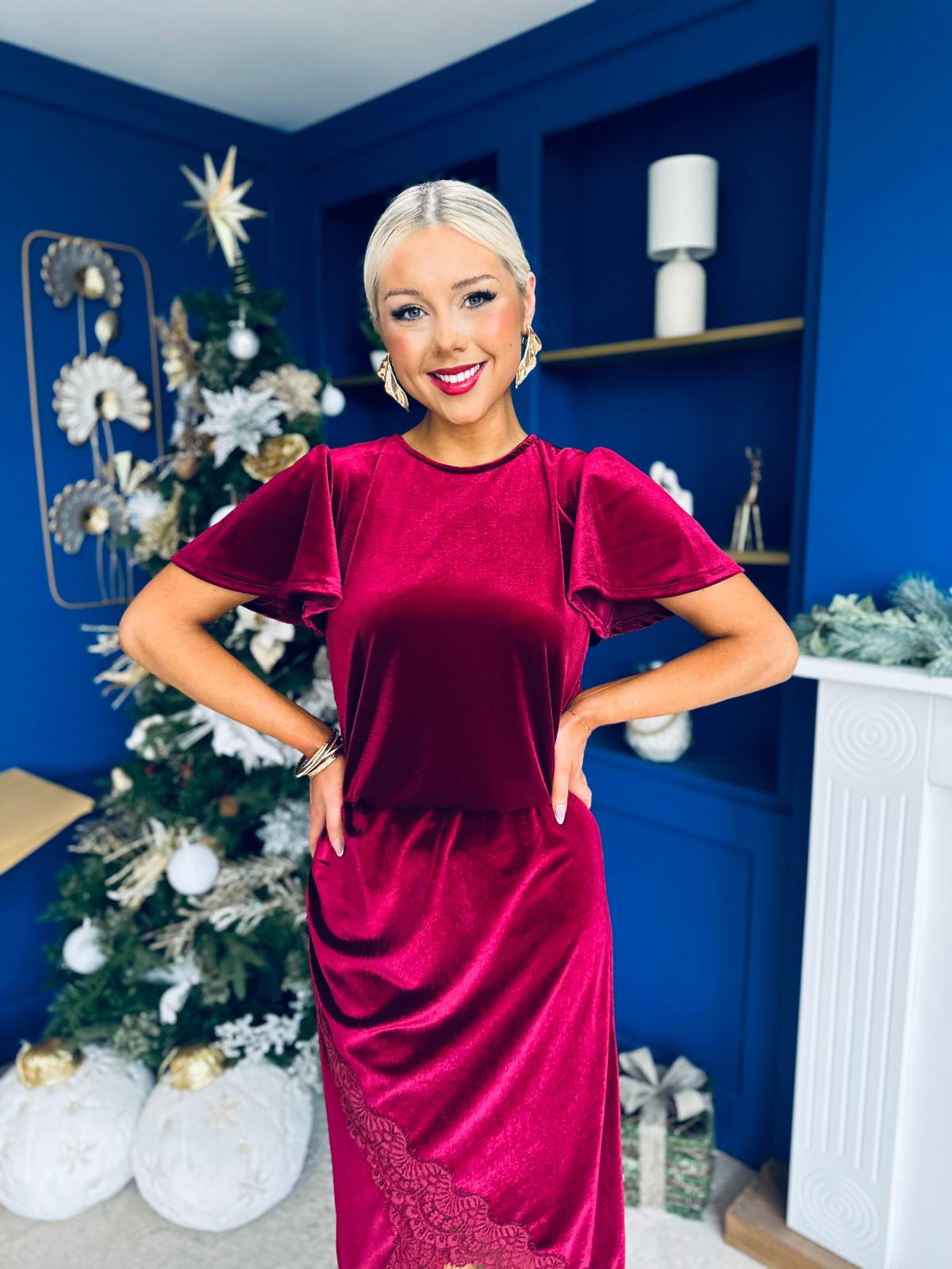 Evie Velvet Top & Skirt Set Wine