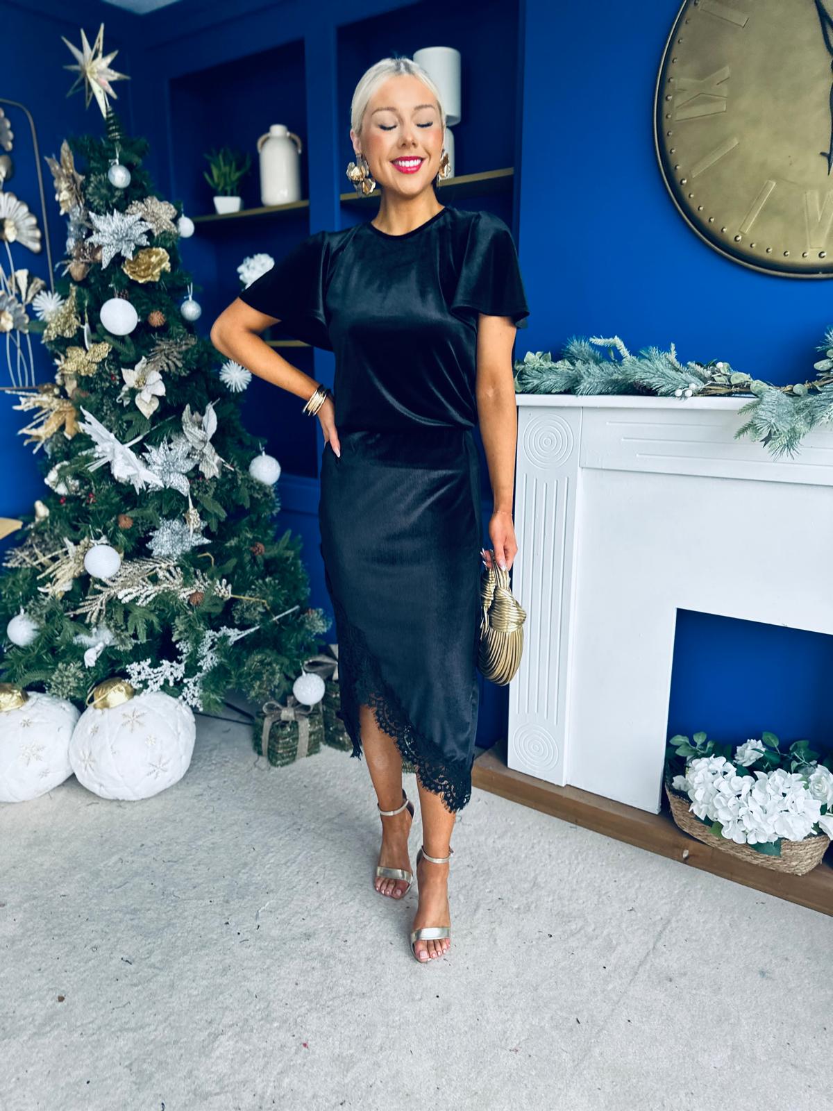 Evie Velvet Top & Skirt Set Black