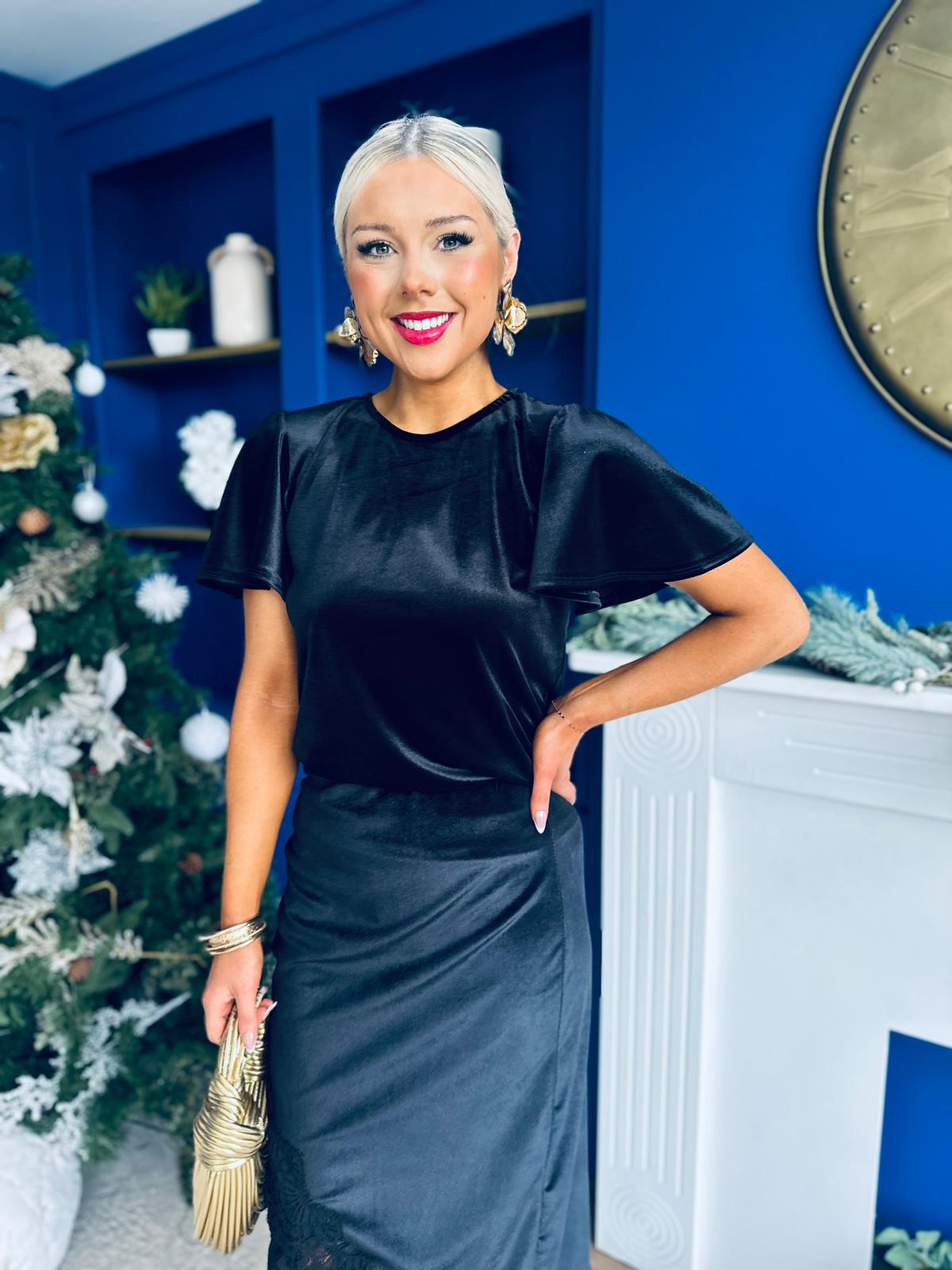 Evie Velvet Top & Skirt Set Black