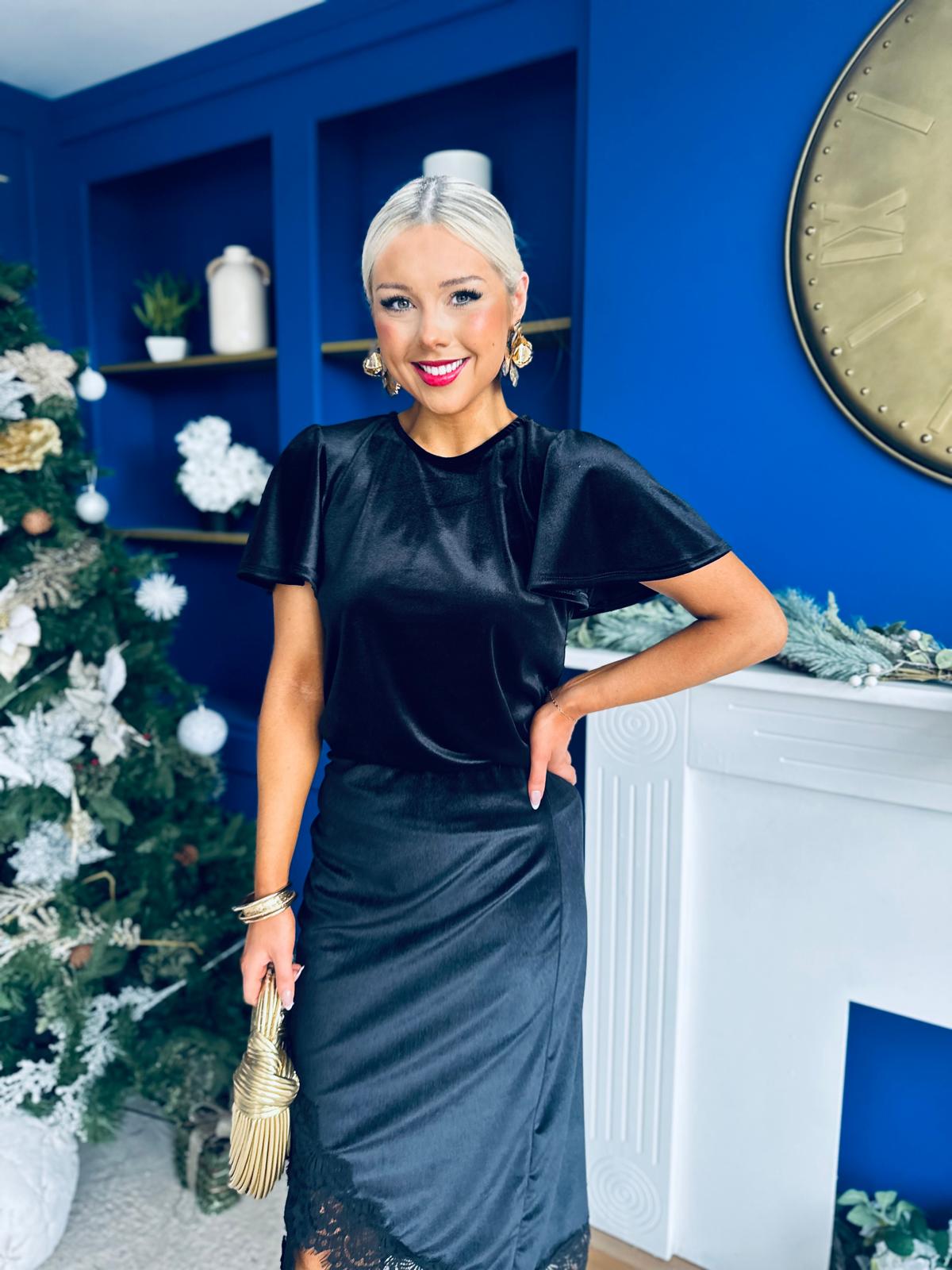 Evie Velvet Top & Skirt Set Black