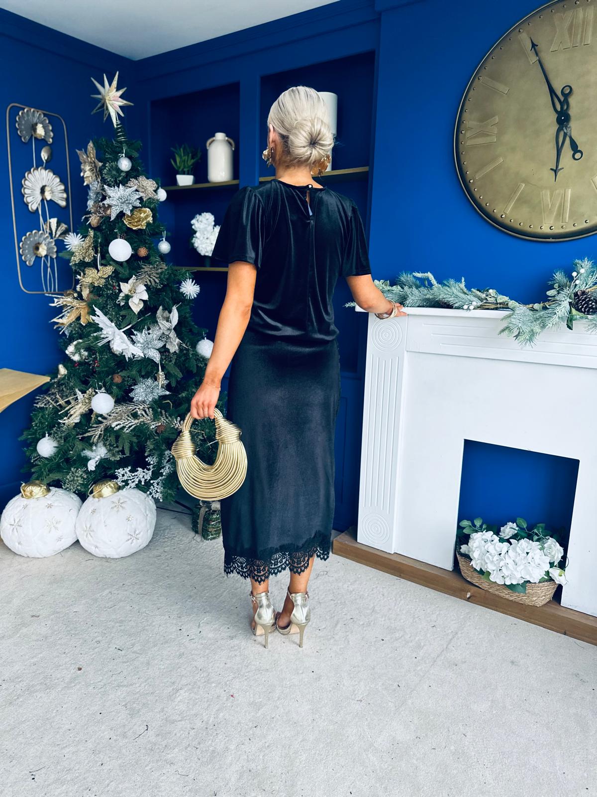 Evie Velvet Top & Skirt Set Black