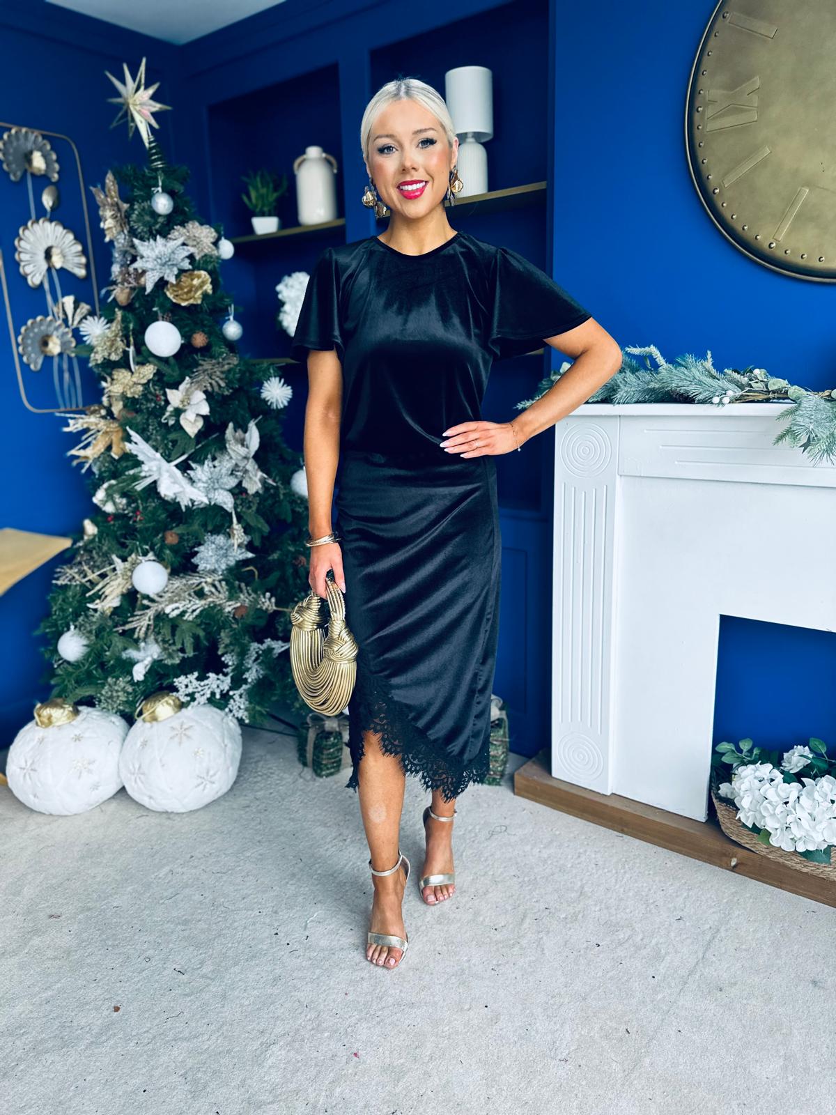 Evie Velvet Top & Skirt Set Black