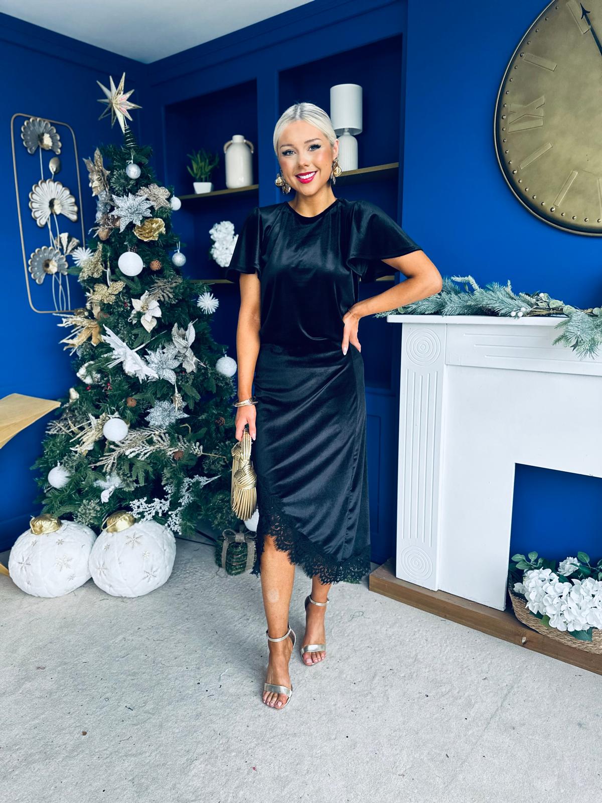 Evie Velvet Top & Skirt Set Black