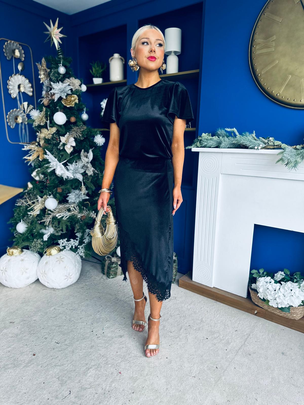 Evie Velvet Top & Skirt Set Black