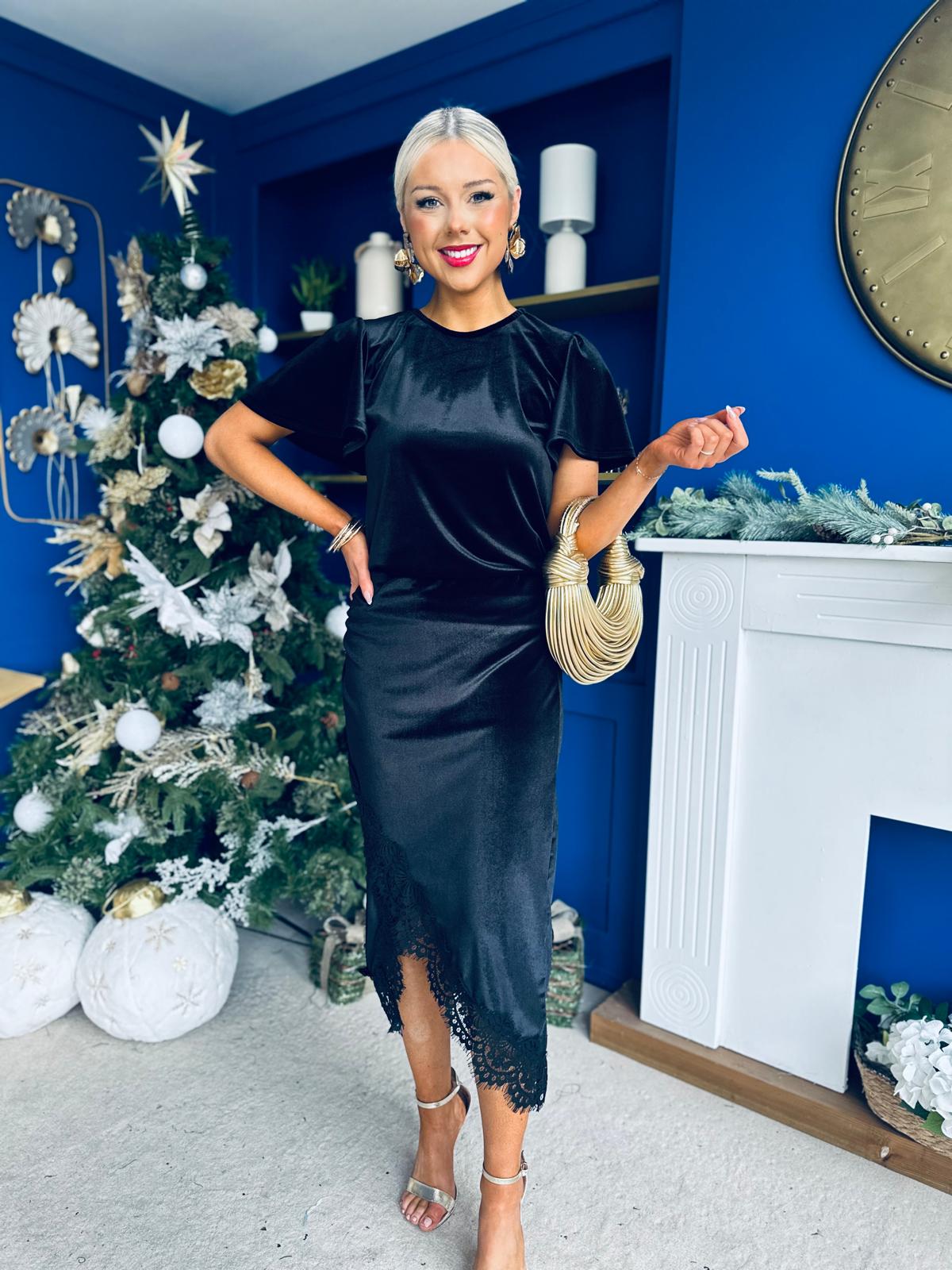 Evie Velvet Top & Skirt Set Black