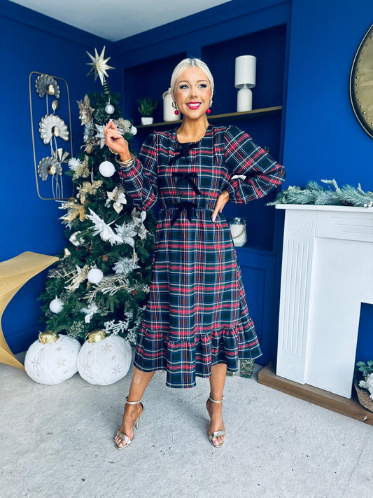 Noelle Detailed Tartin Midi Dress Black