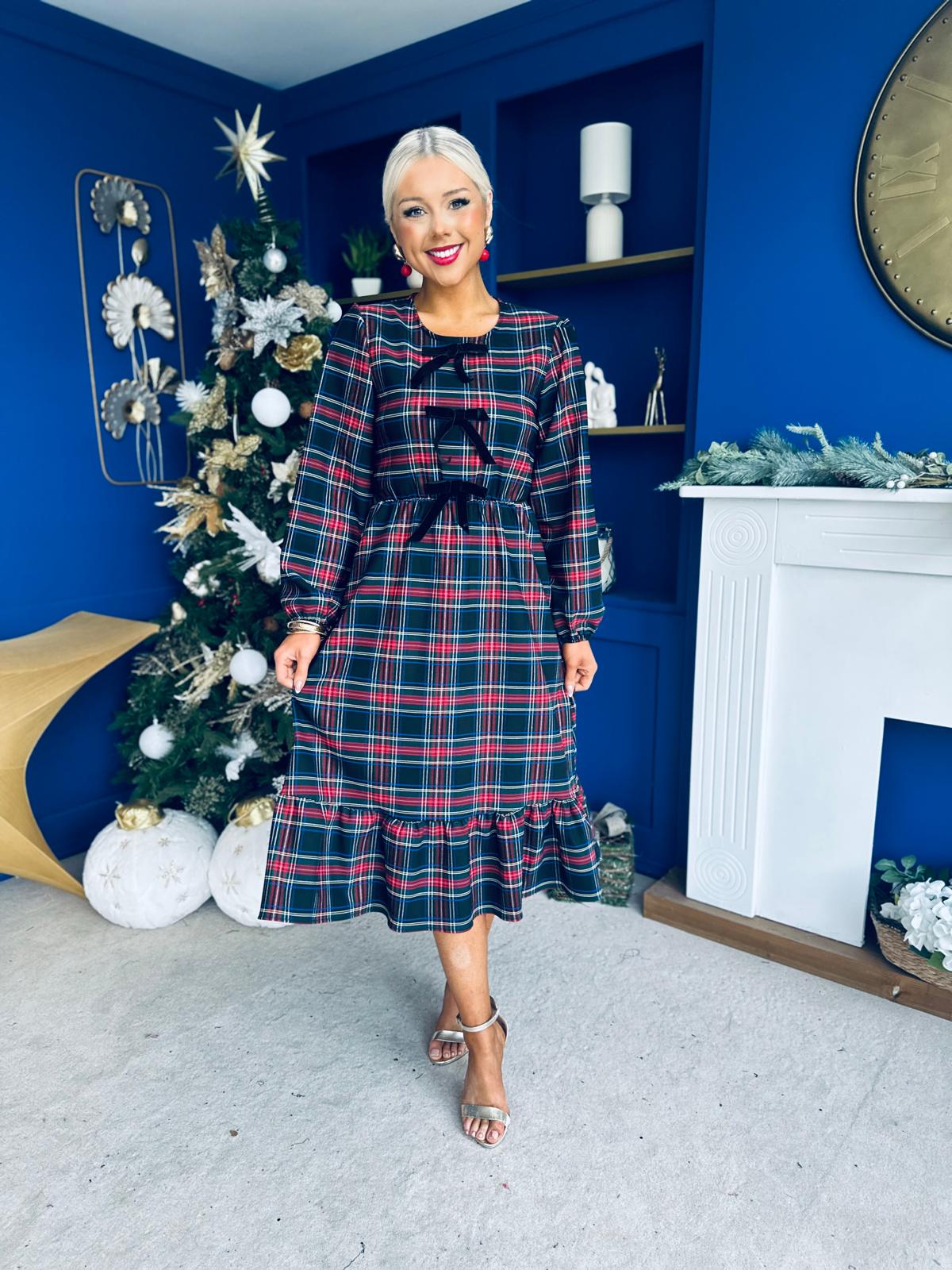 Noelle Detailed Tartin Midi Dress Black