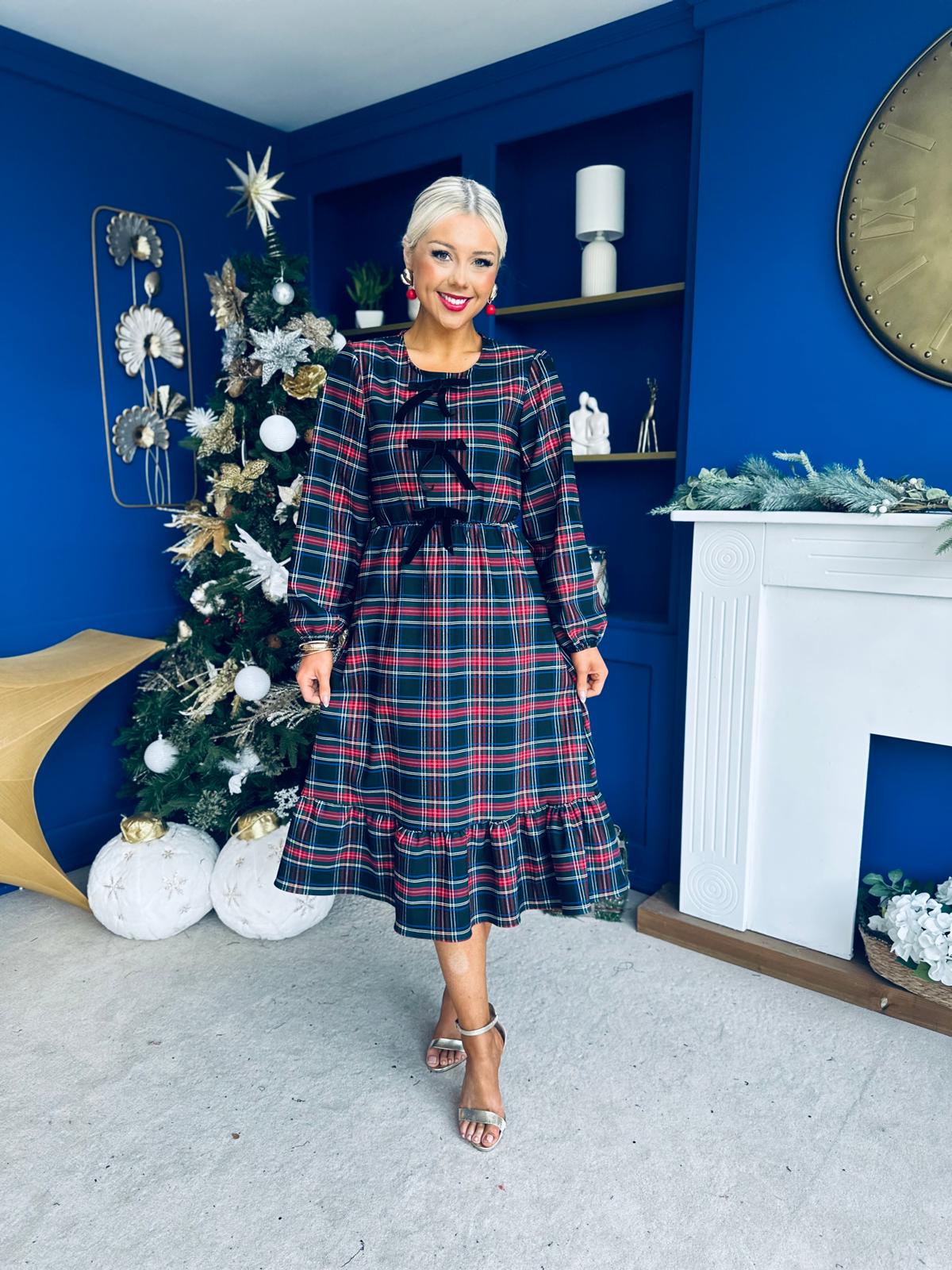 Noelle Detailed Tartin Midi Dress Black