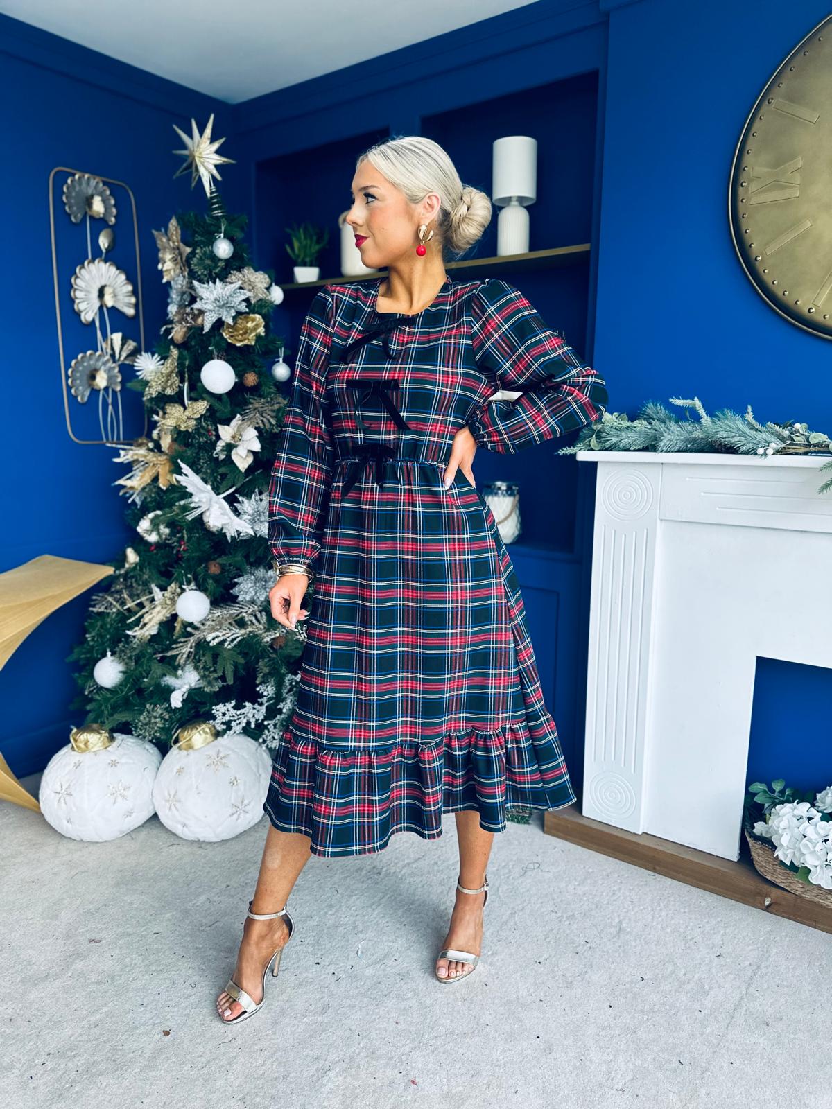 Noelle Detailed Tartin Midi Dress Black