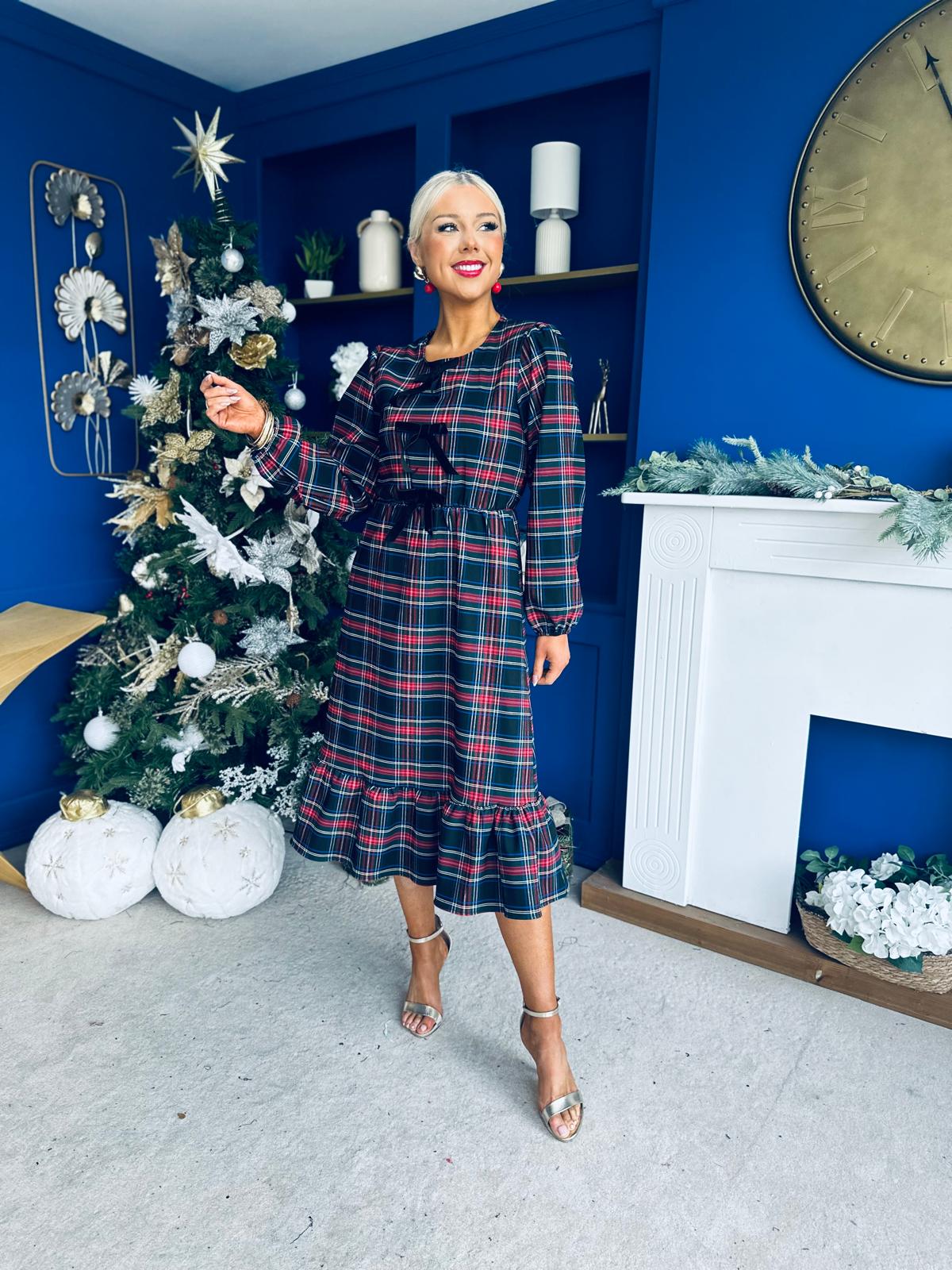 Noelle Detailed Tartin Midi Dress Black