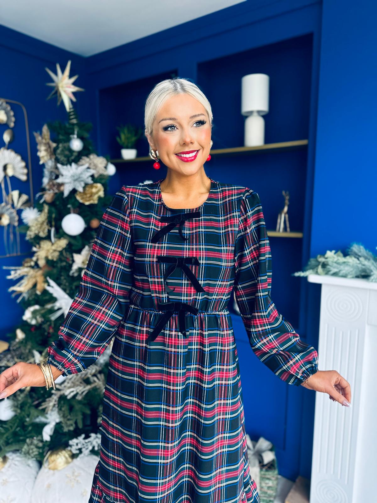 Noelle Detailed Tartin Midi Dress Black