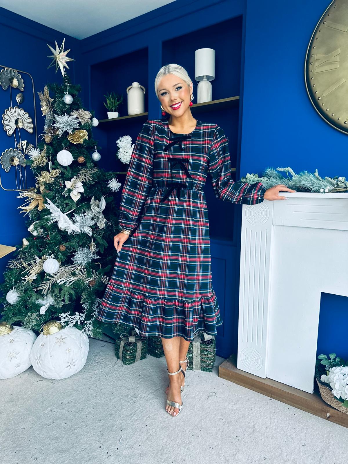 Noelle Detailed Tartin Midi Dress Black