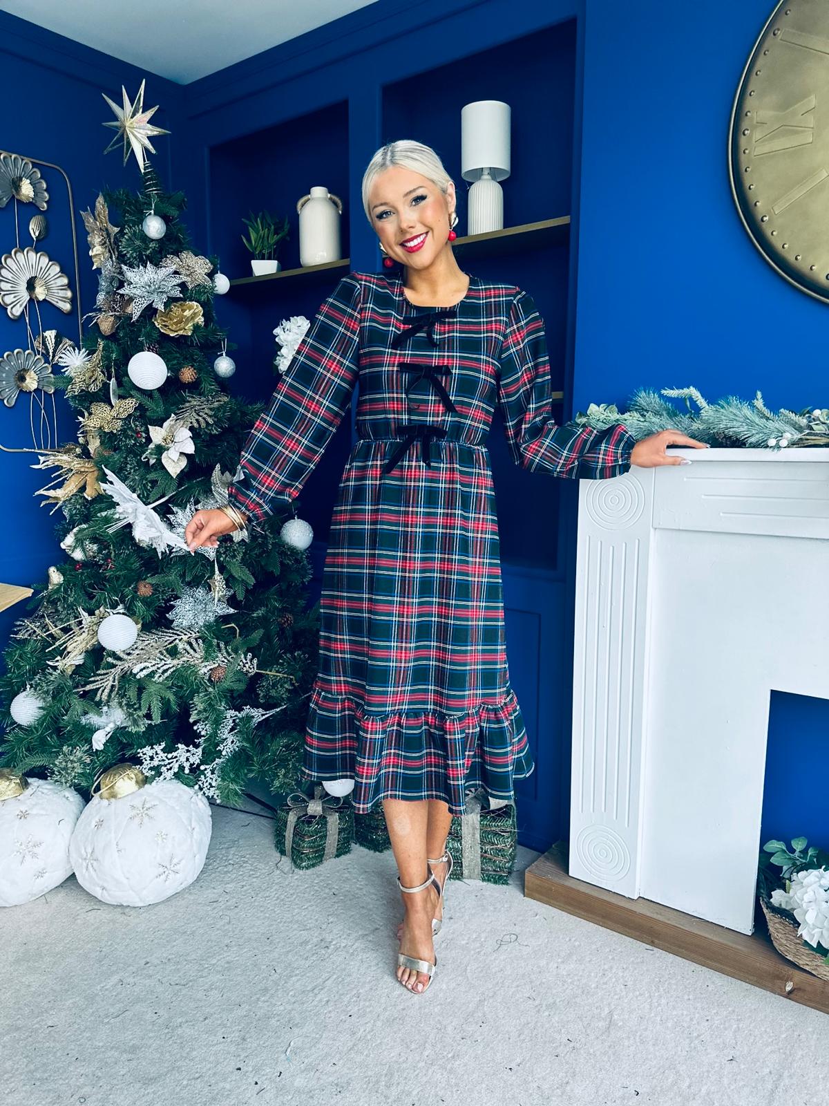 Noelle Detailed Tartin Midi Dress Black