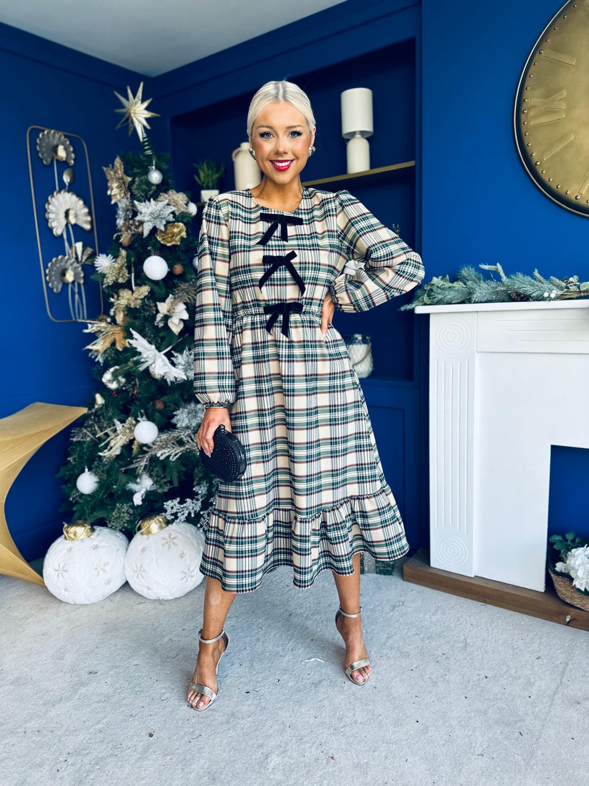 Noelle Detailed Tartin Midi Dress Beige