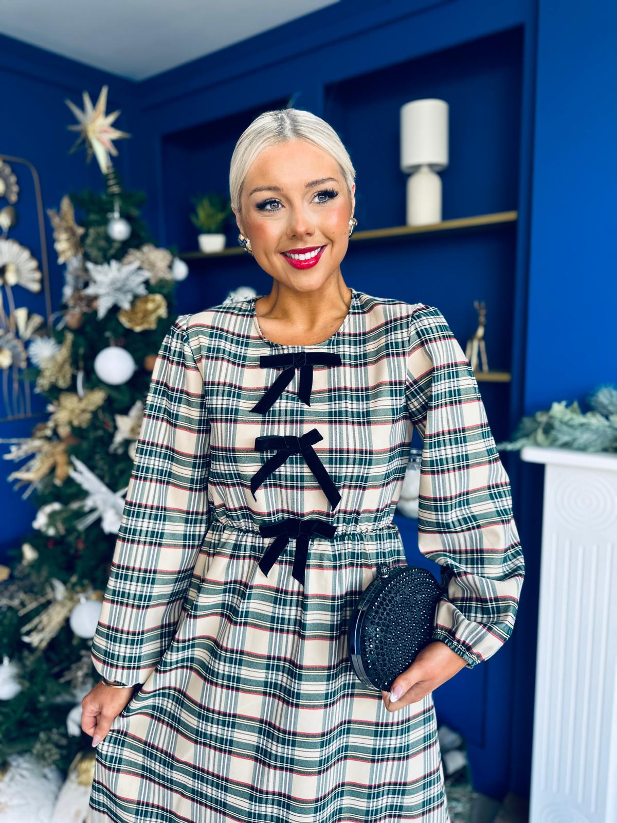 Noelle Detailed Tartin Midi Dress Beige