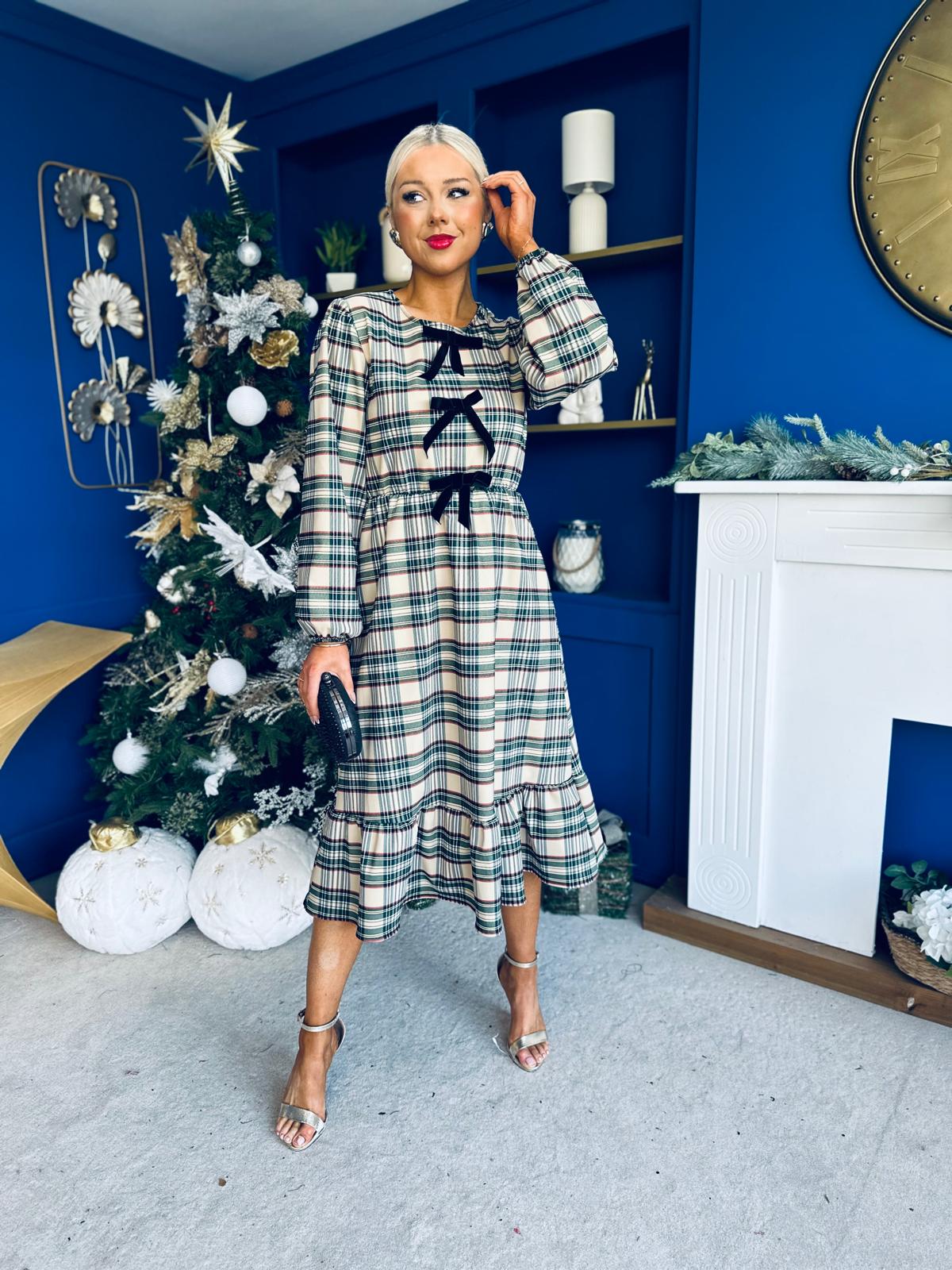 Noelle Detailed Tartin Midi Dress Beige