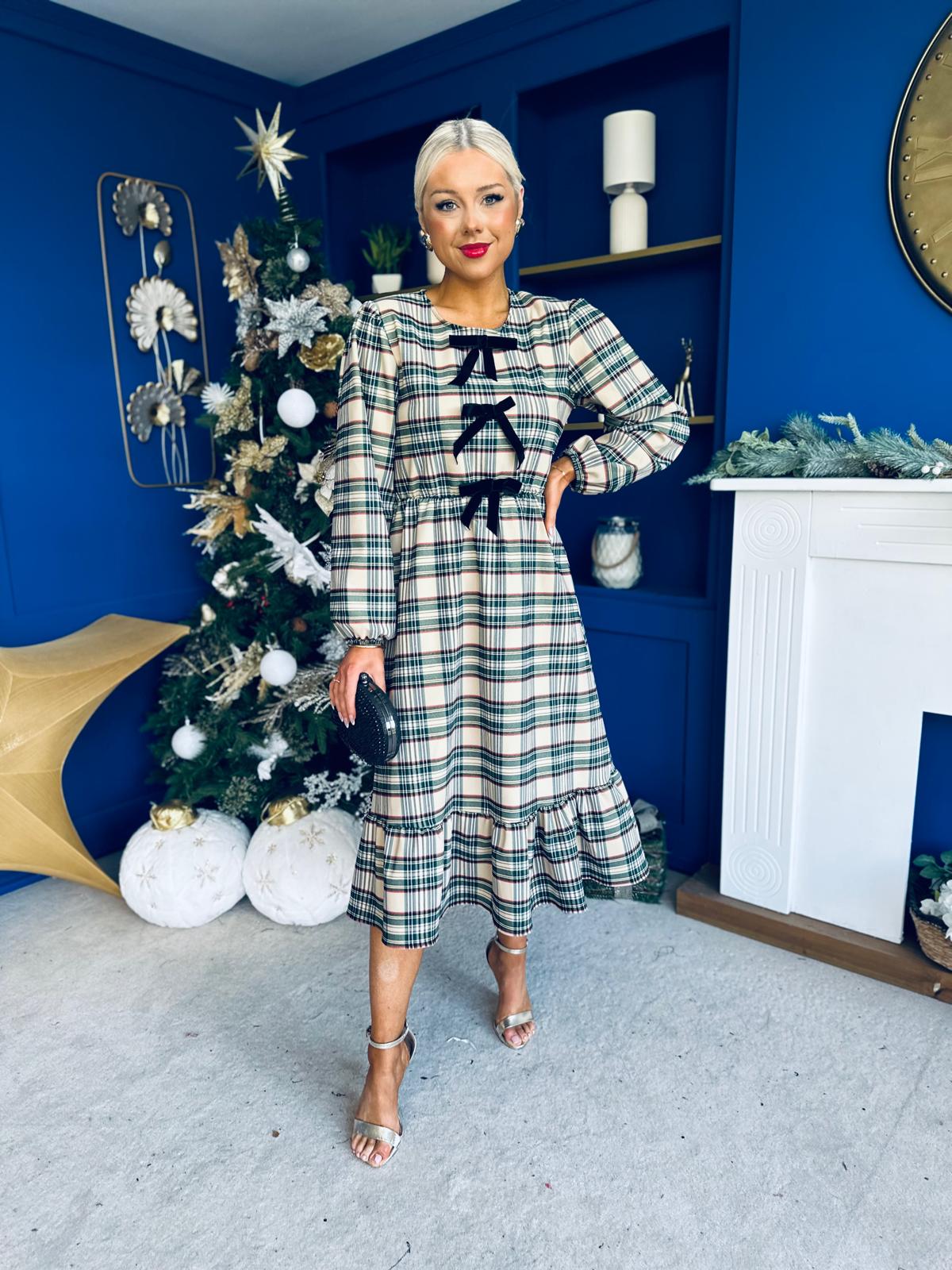 Noelle Detailed Tartin Midi Dress Beige