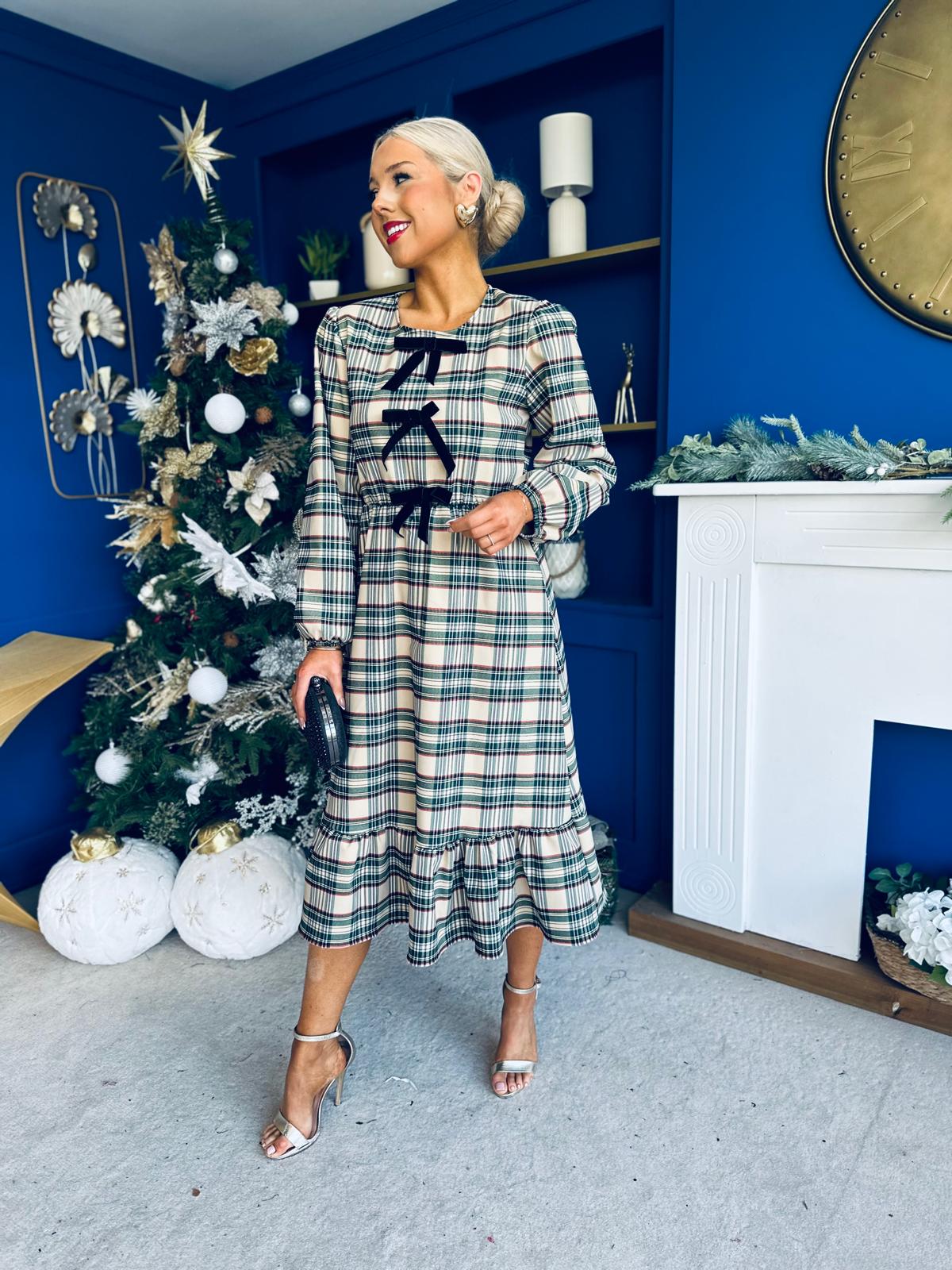 Noelle Detailed Tartin Midi Dress Beige