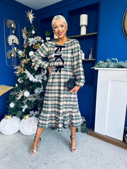 Noelle Detailed Tartin Midi Dress Beige