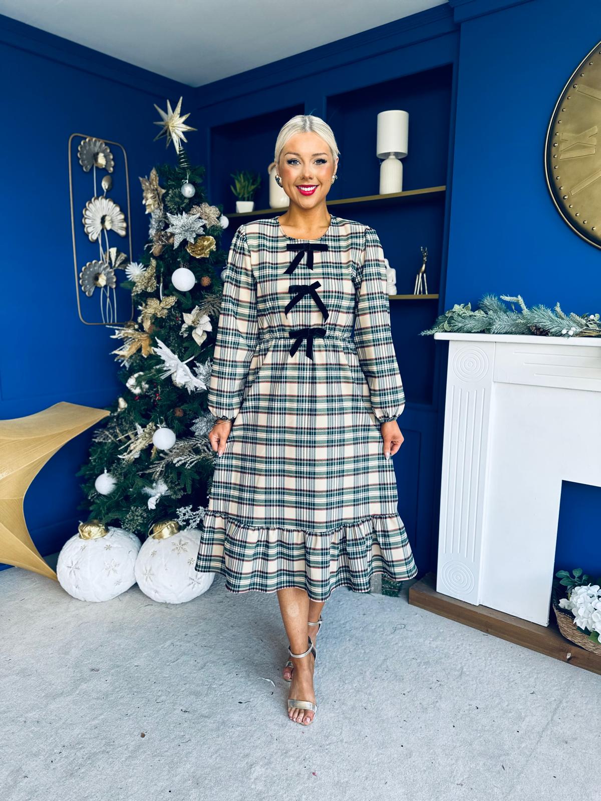 Noelle Detailed Tartin Midi Dress Beige