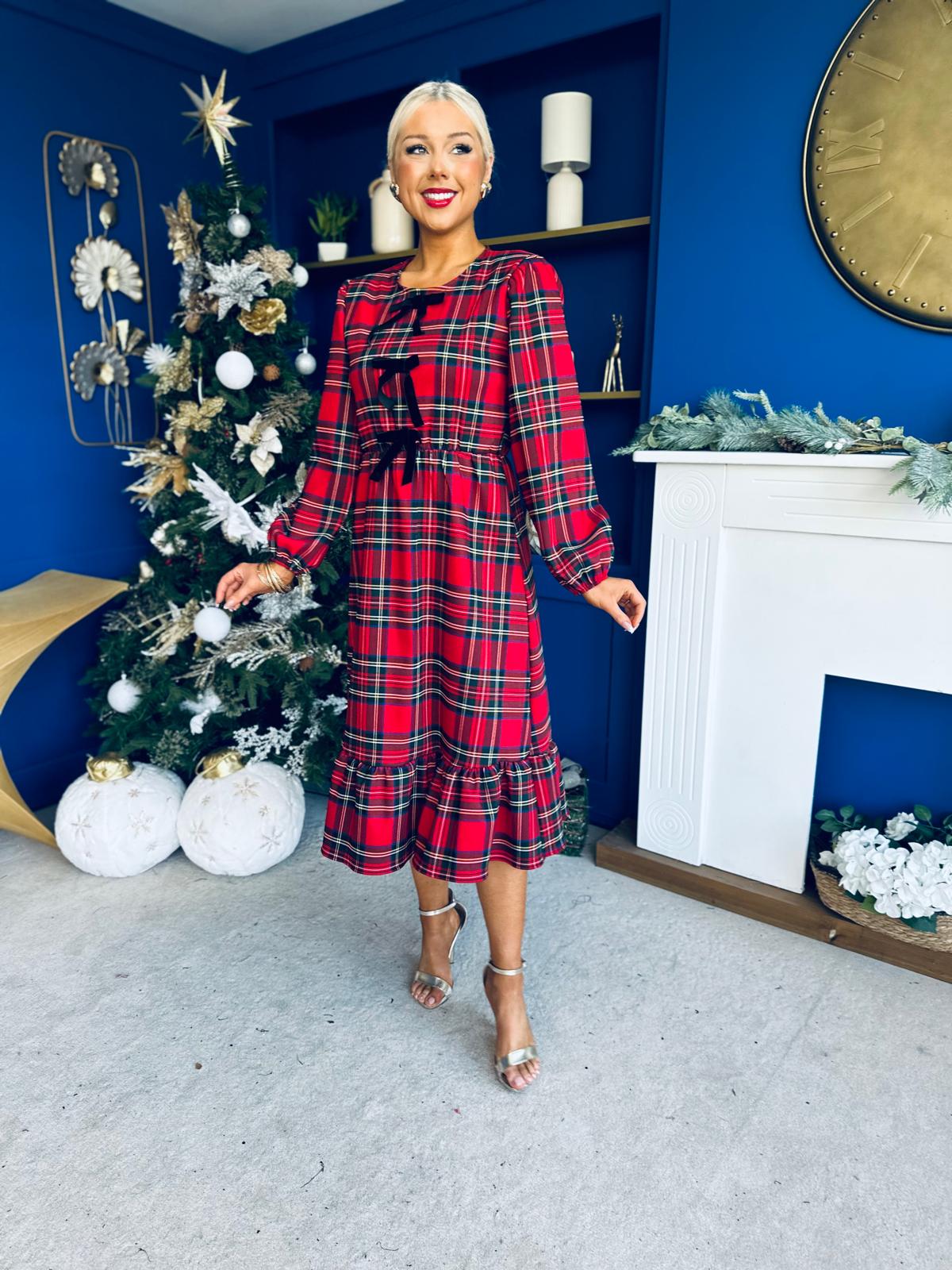 Noelle Detailed Tartin Midi Dress Red