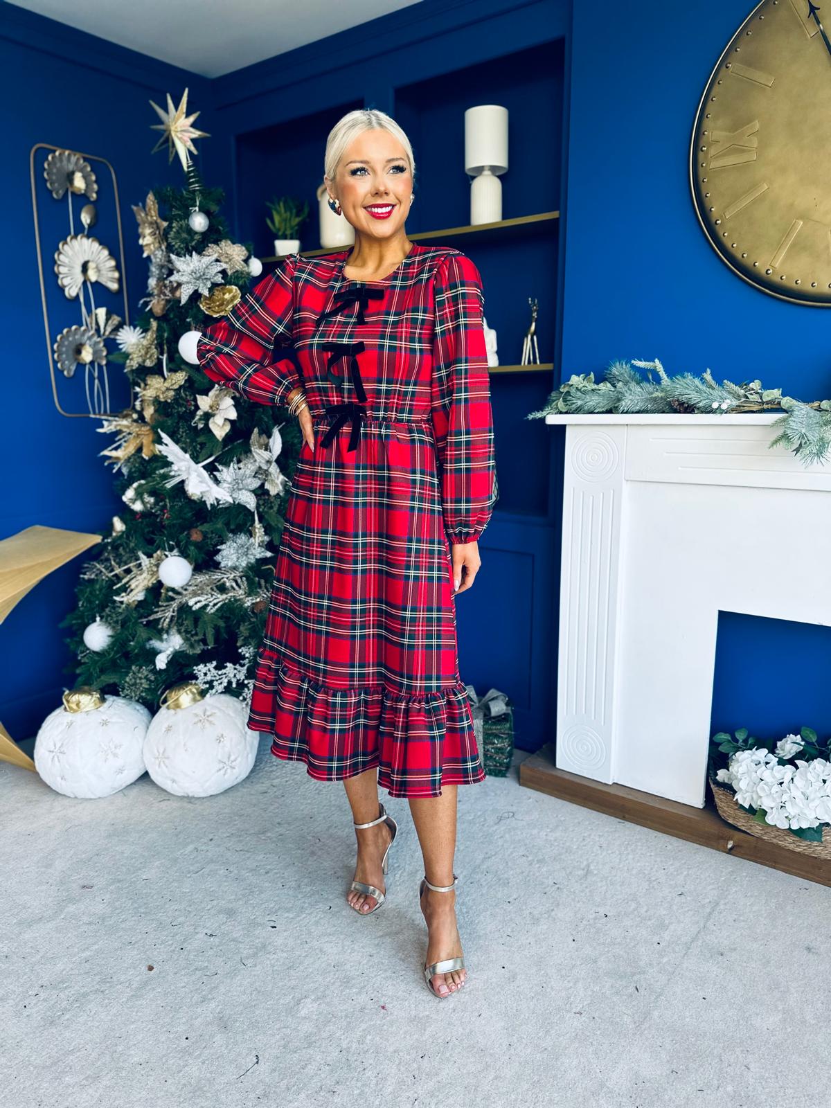 Noelle Detailed Tartin Midi Dress Red