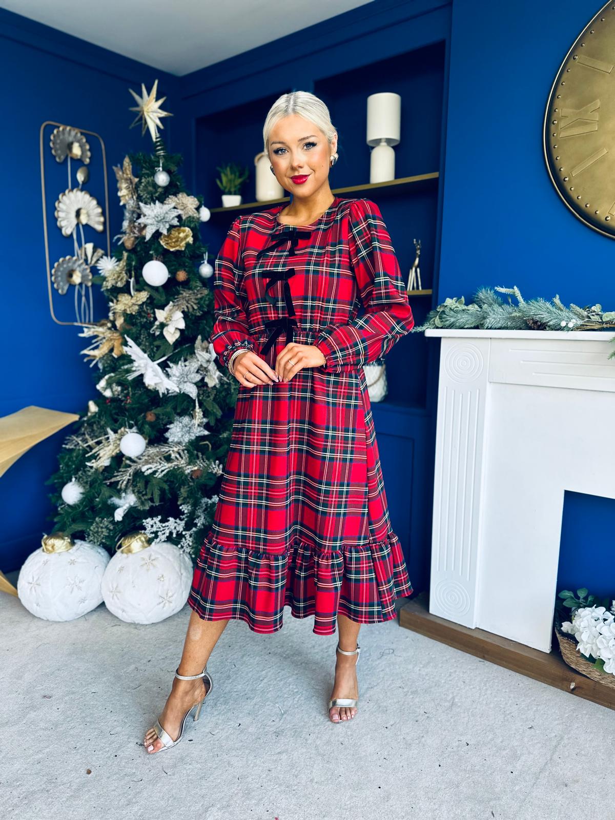 Noelle Detailed Tartin Midi Dress Red