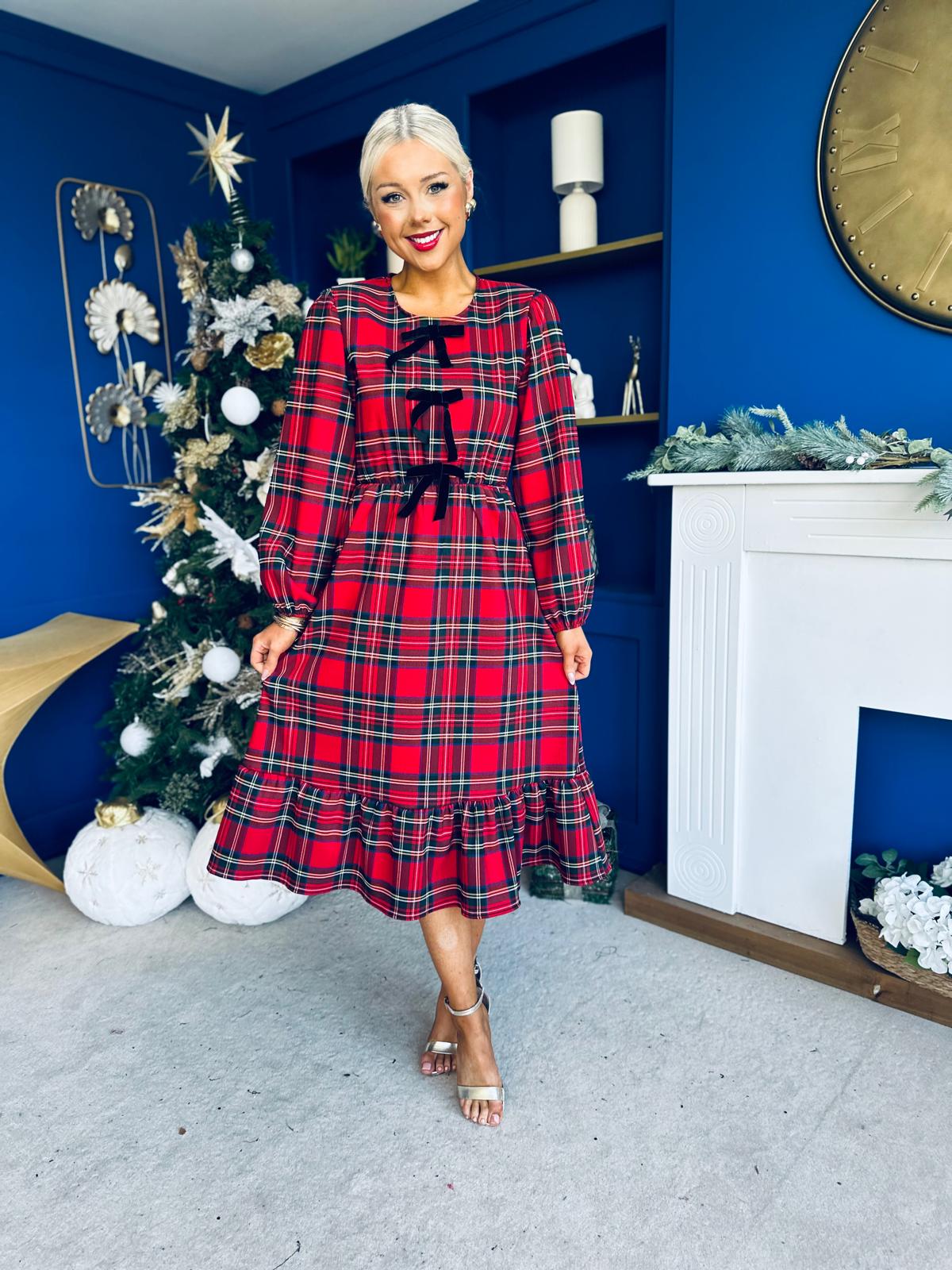 Noelle Detailed Tartin Midi Dress Red