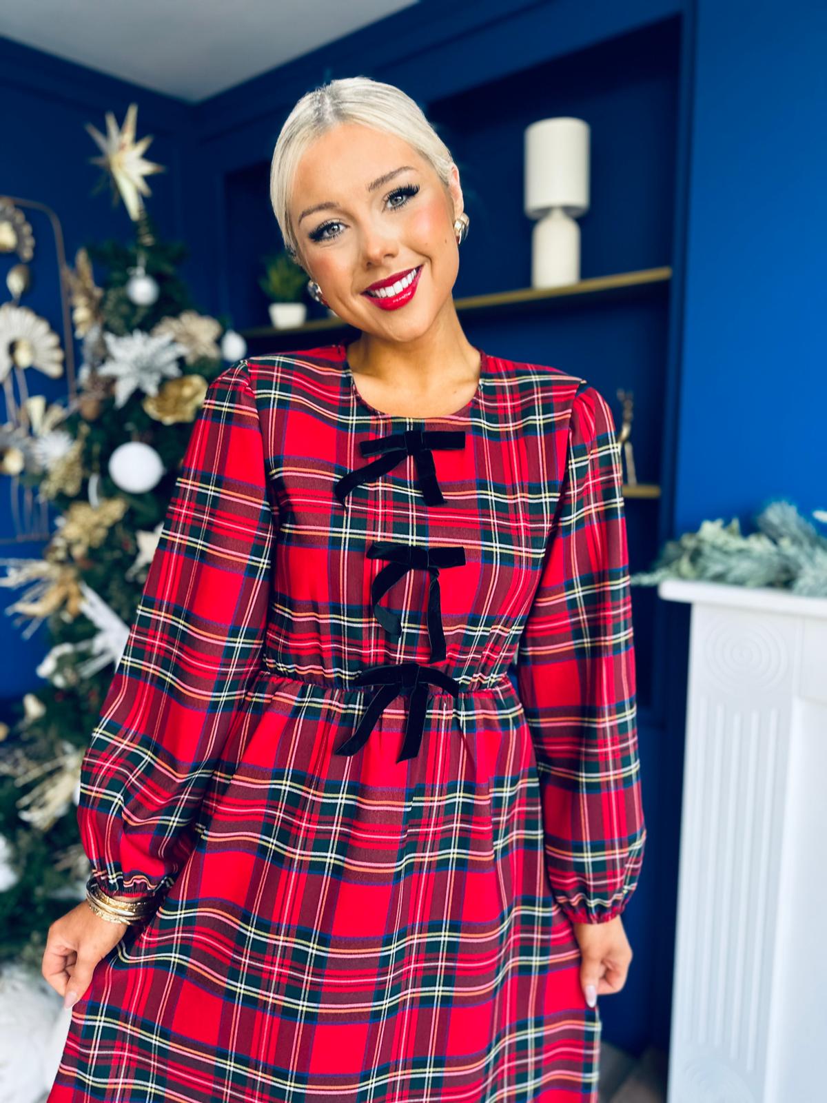 Noelle Detailed Tartin Midi Dress Red