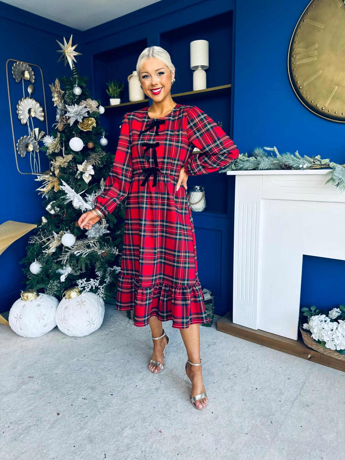 Noelle Detailed Tartin Midi Dress Red